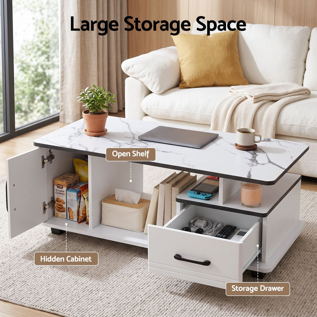 Coffee Table Marble Finish Center Table with Storage Drawer Cabinet Wood White