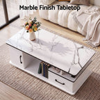 Coffee Table Marble Finish Center Table with Storage Drawer Cabinet Wood White