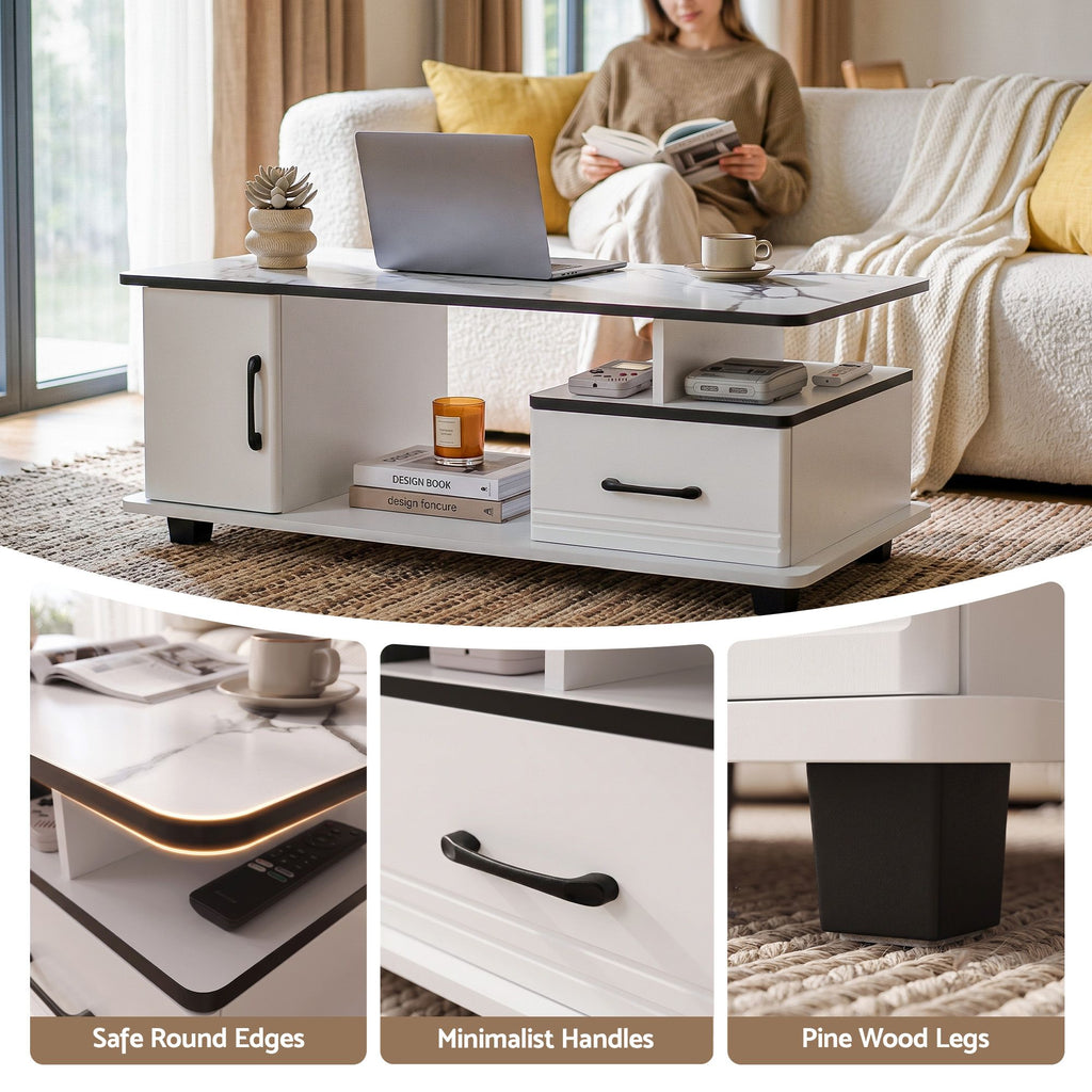 Coffee Table Marble Finish Center Table with Storage Drawer Cabinet Wood White