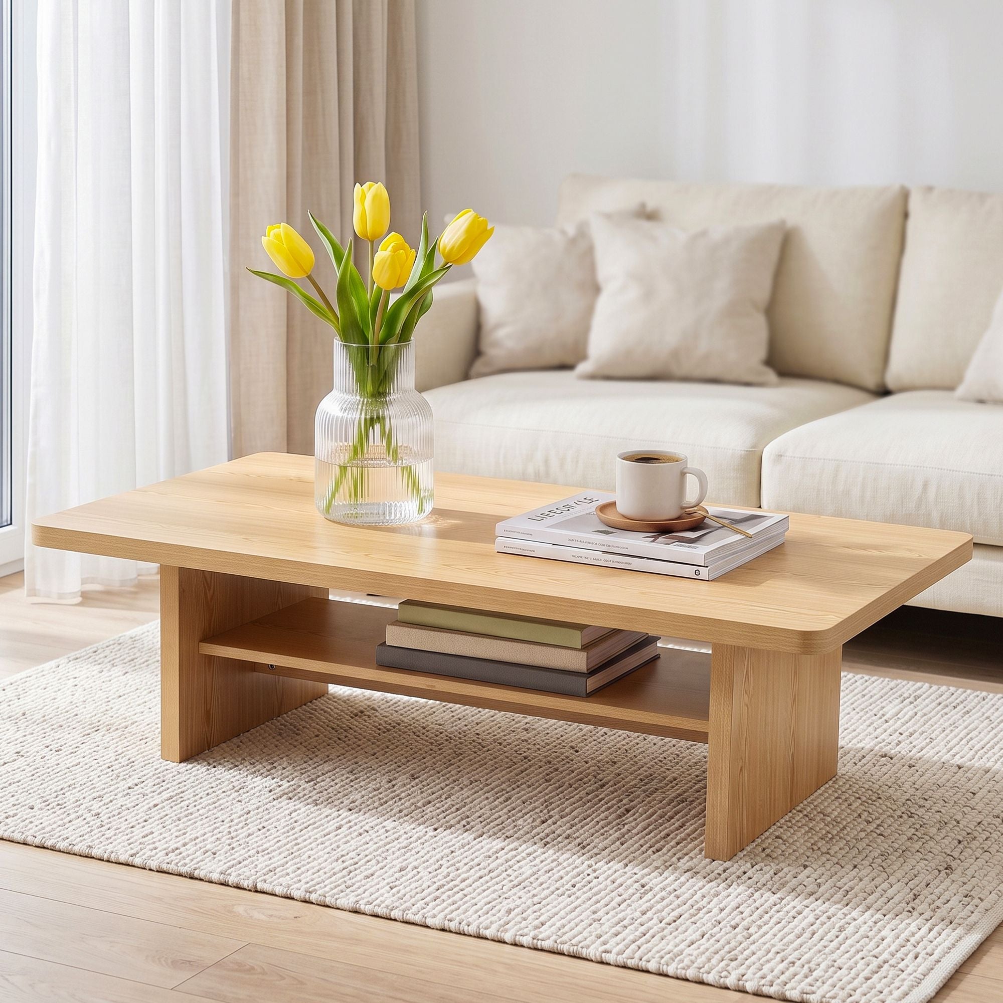 Modern Coffee Table Center Table with 2-Tier Open Storage Shelf Wood