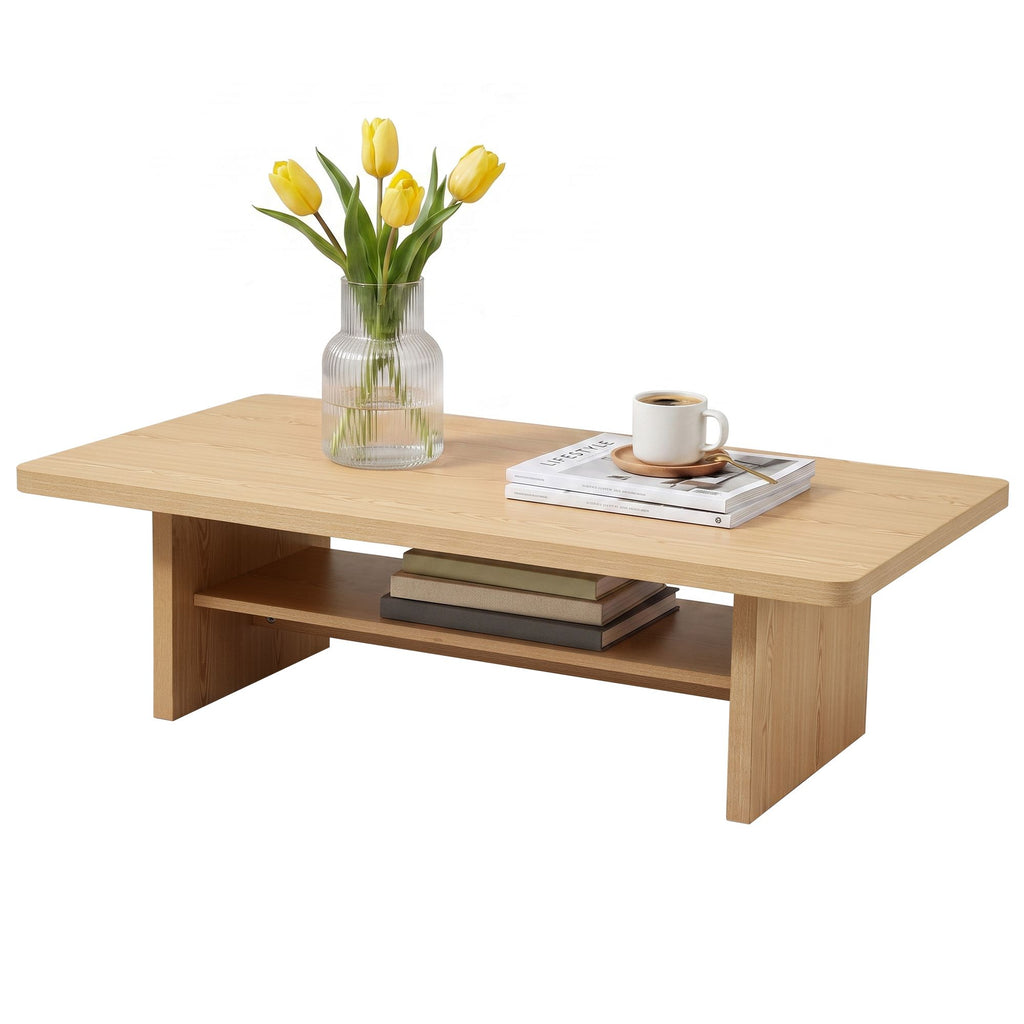 Modern Coffee Table Center Table with 2-Tier Open Storage Shelf Wood