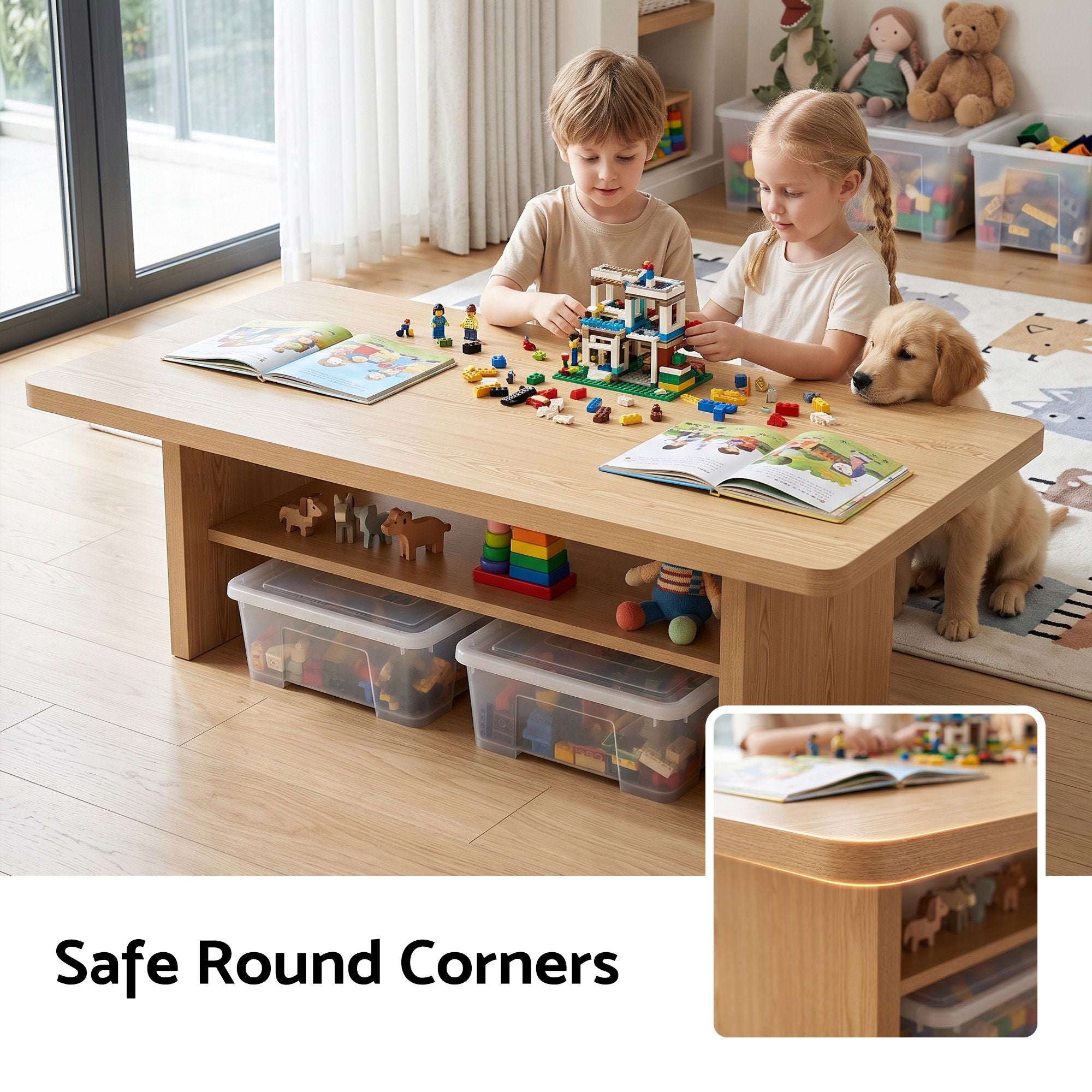 Modern Coffee Table Center Table with 2-Tier Open Storage Shelf Wood