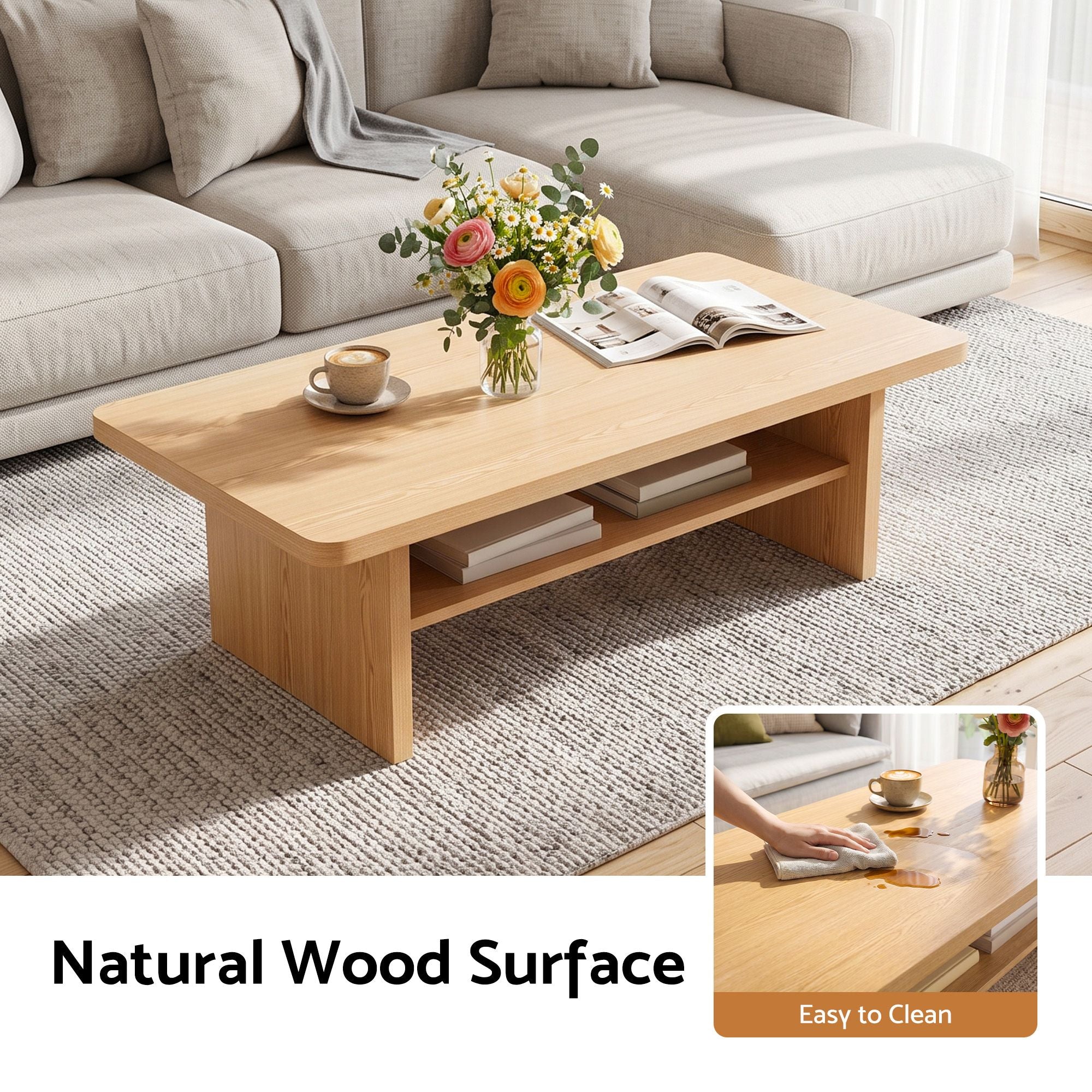 Modern Coffee Table Center Table with 2-Tier Open Storage Shelf Wood