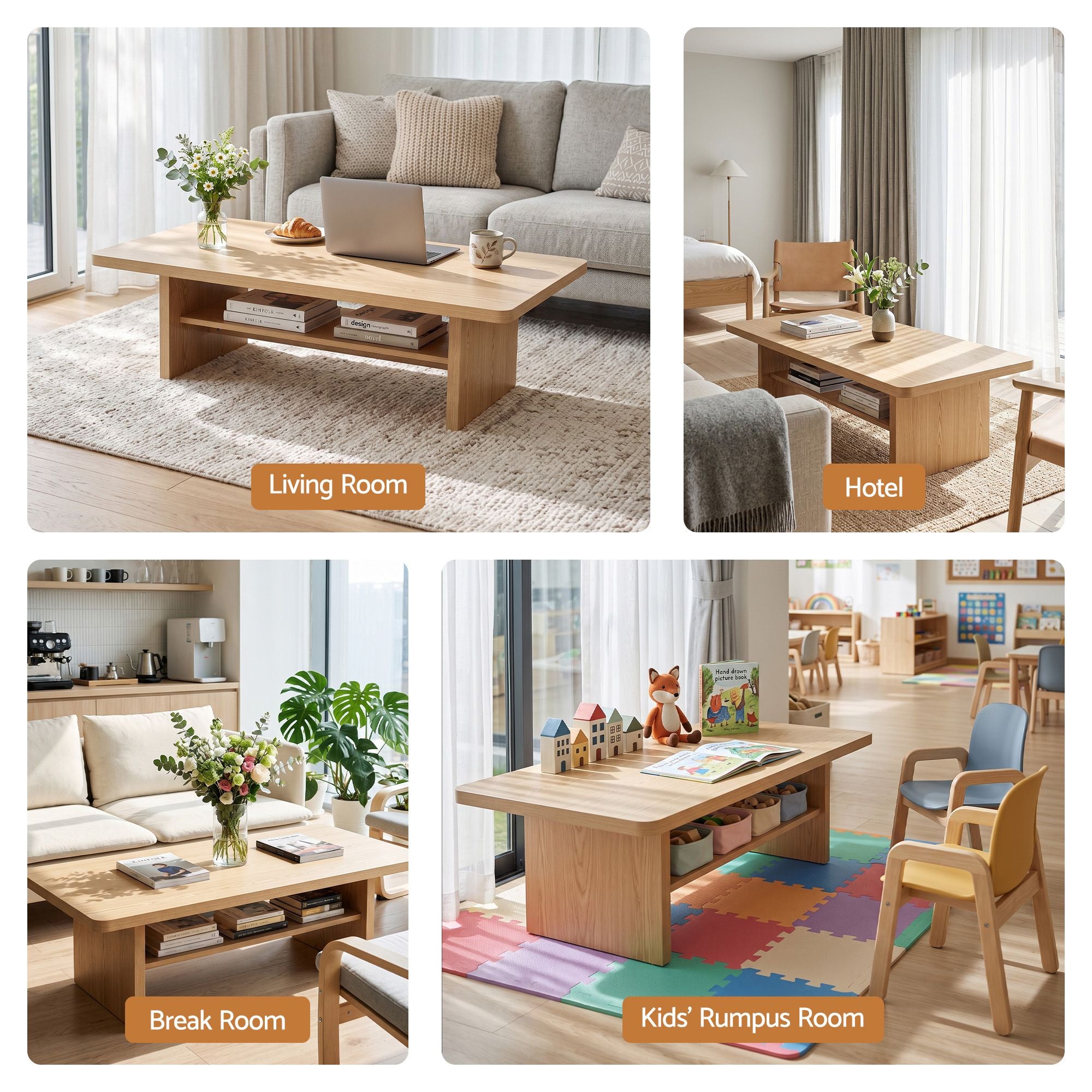 Modern Coffee Table Center Table with 2-Tier Open Storage Shelf Wood