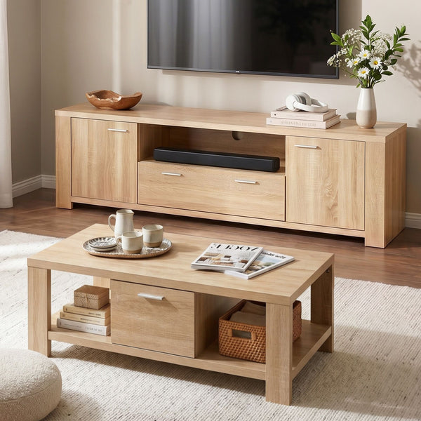 TV Unit & Coffee Table Set Storage Drawer Pine