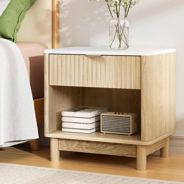 Modern Pine Bedside Table Nightstand 1 Drawer Shelves