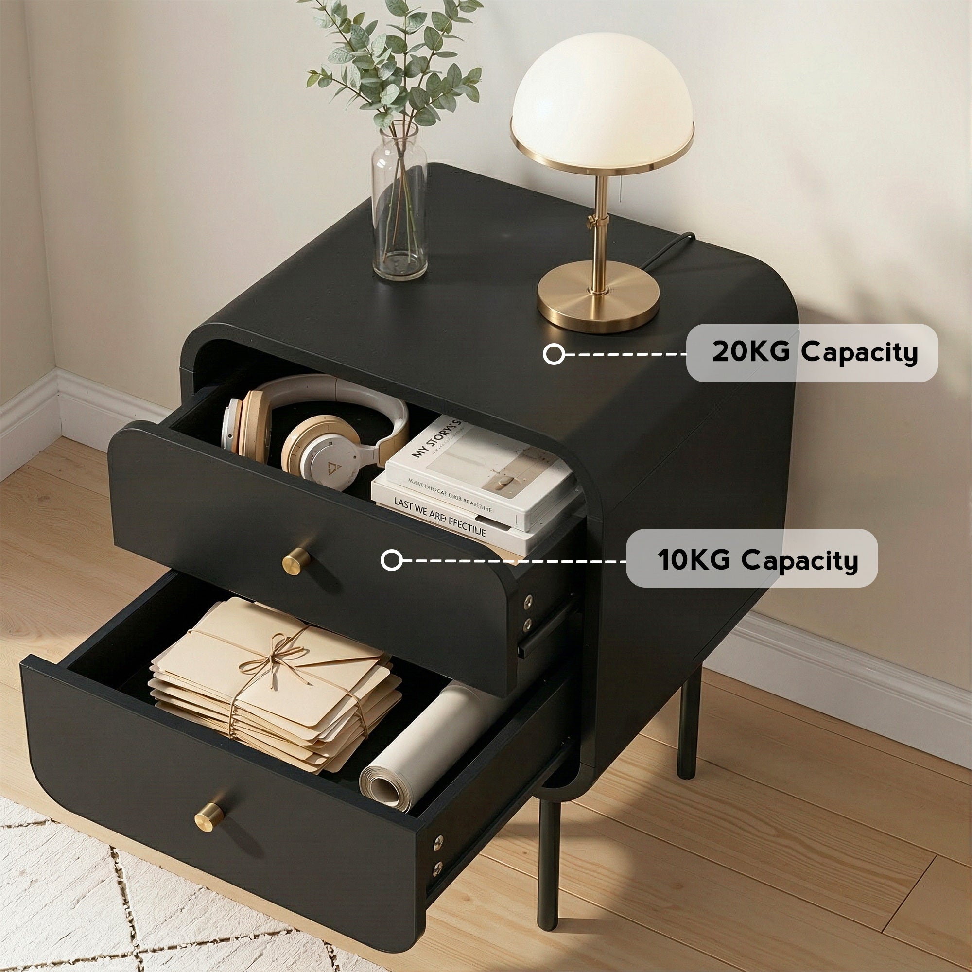 Bedside Table 2 Drawers Side End Table Nightstand Black