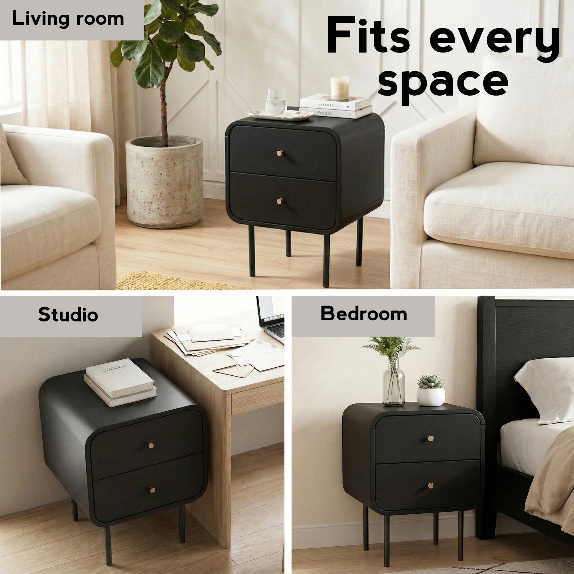 Bedside Table 2 Drawers Side End Table Nightstand Black