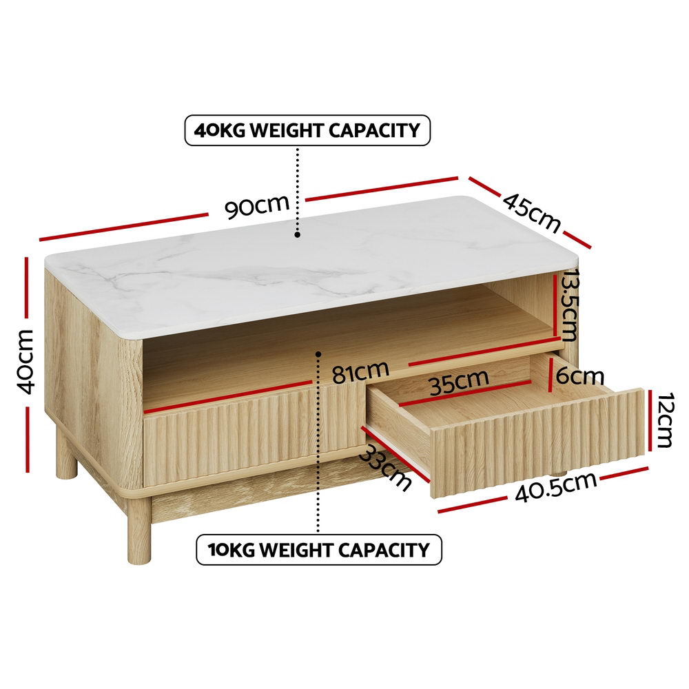 Coffee Table Drawer Shelf Marble Effect Wood&White