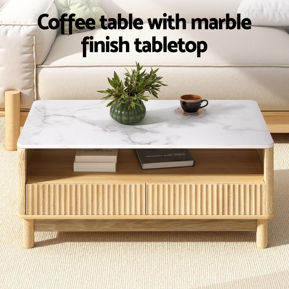 Coffee Table Drawer Shelf Marble Effect Wood&White