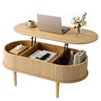 Lift Top Coffee Table Fluted Centre Table with Hidden Storage Oval 100cm