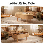 Lift Top Coffee Table Fluted Centre Table with Hidden Storage Oval 100cm