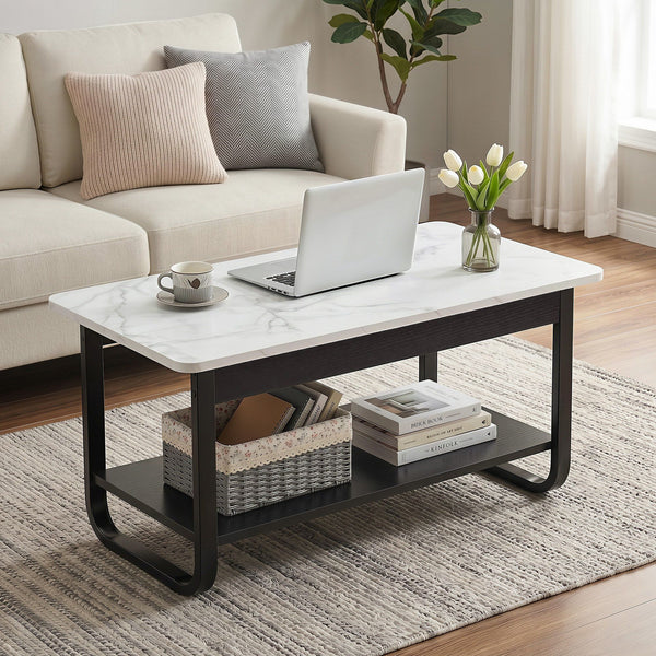 Coffee Table 2-Tier 80CM Marble Finish Shelf Black&White