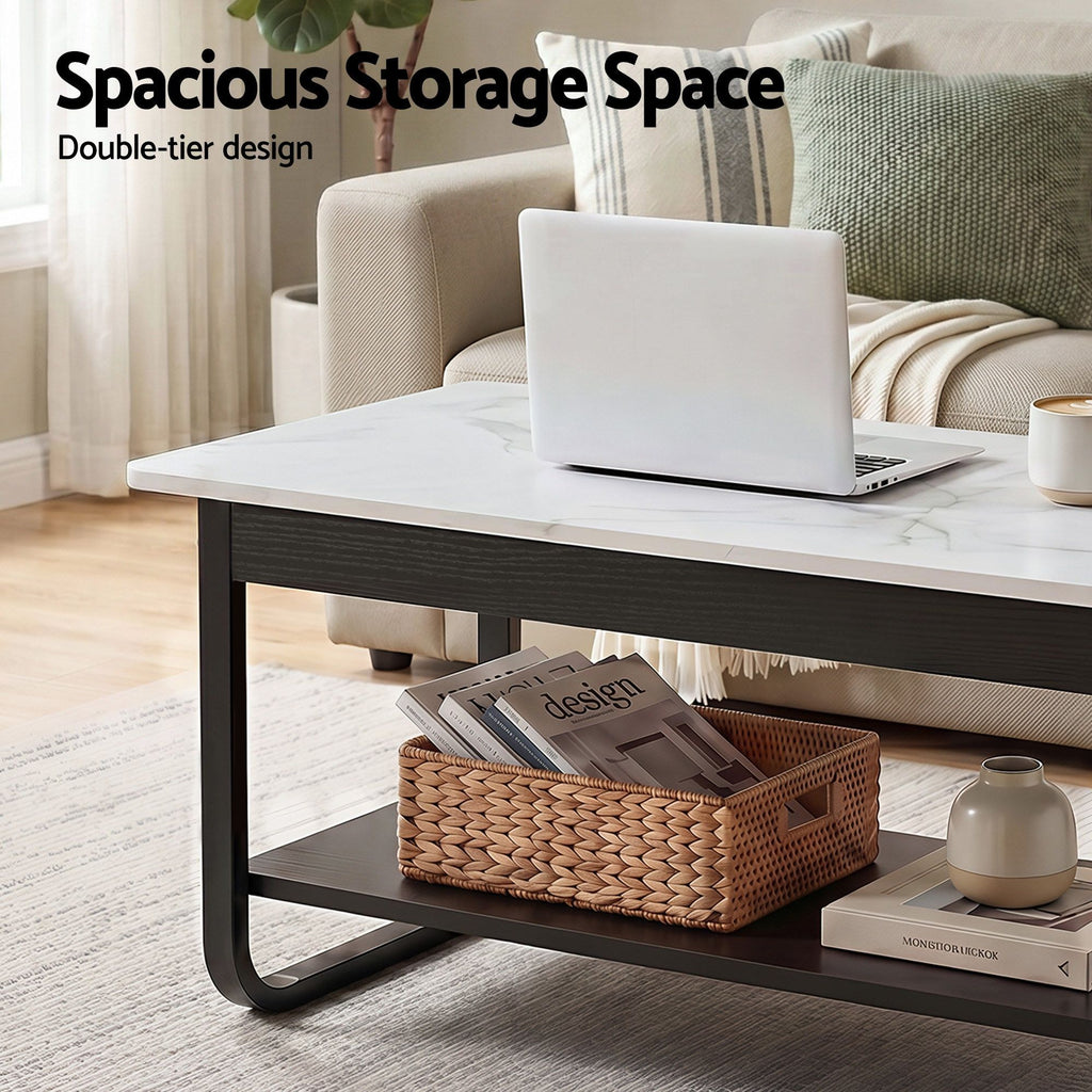 Coffee Table 2-Tier 80CM Marble Finish Shelf Black&White