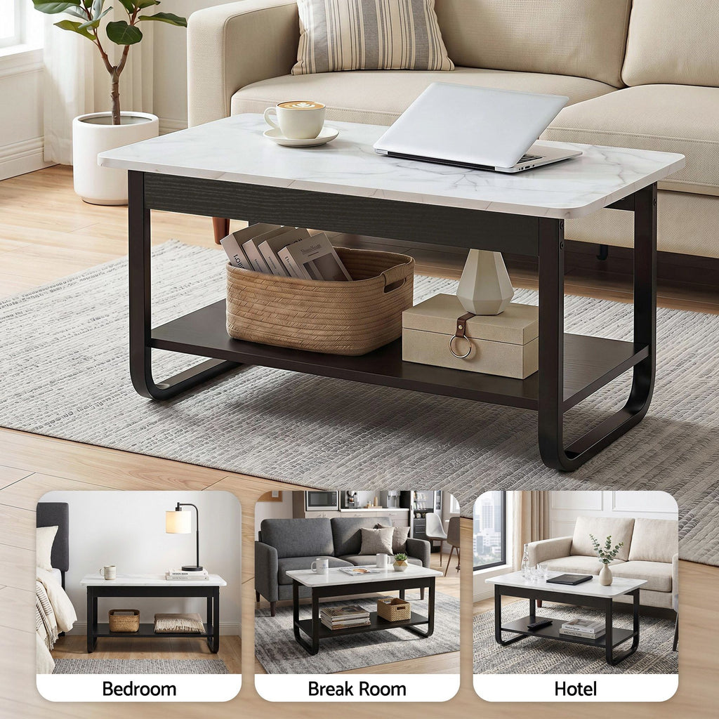 Coffee Table 2-Tier 80CM Marble Finish Shelf Black&White
