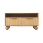 Coffee Table 90cm Center Table Fluted Drawers Open Shelf Spherical Solid Legs Wood