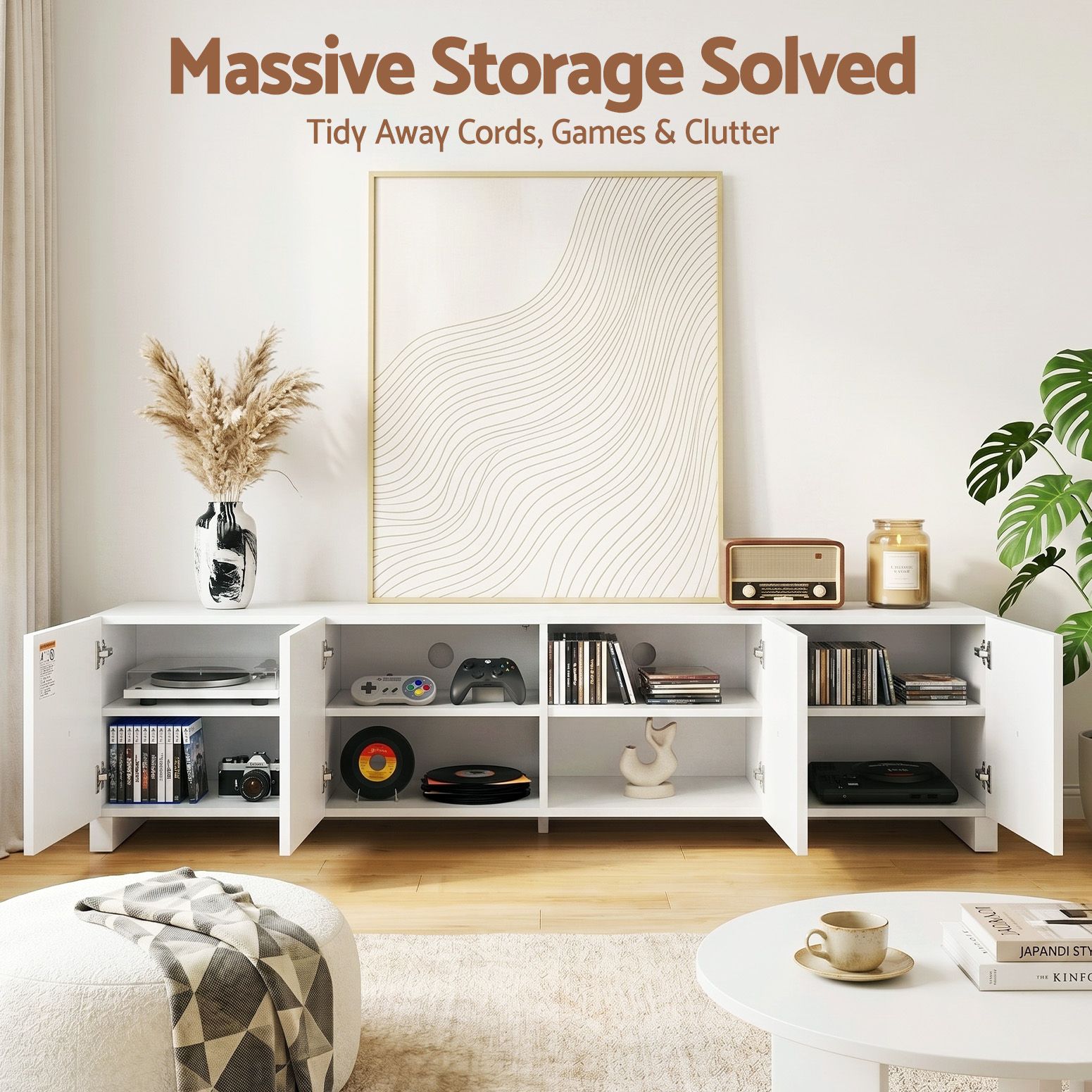 Modern Sleek Look TV Unit Entertainment Unit Storage Cabinet Adjustable Shelf White