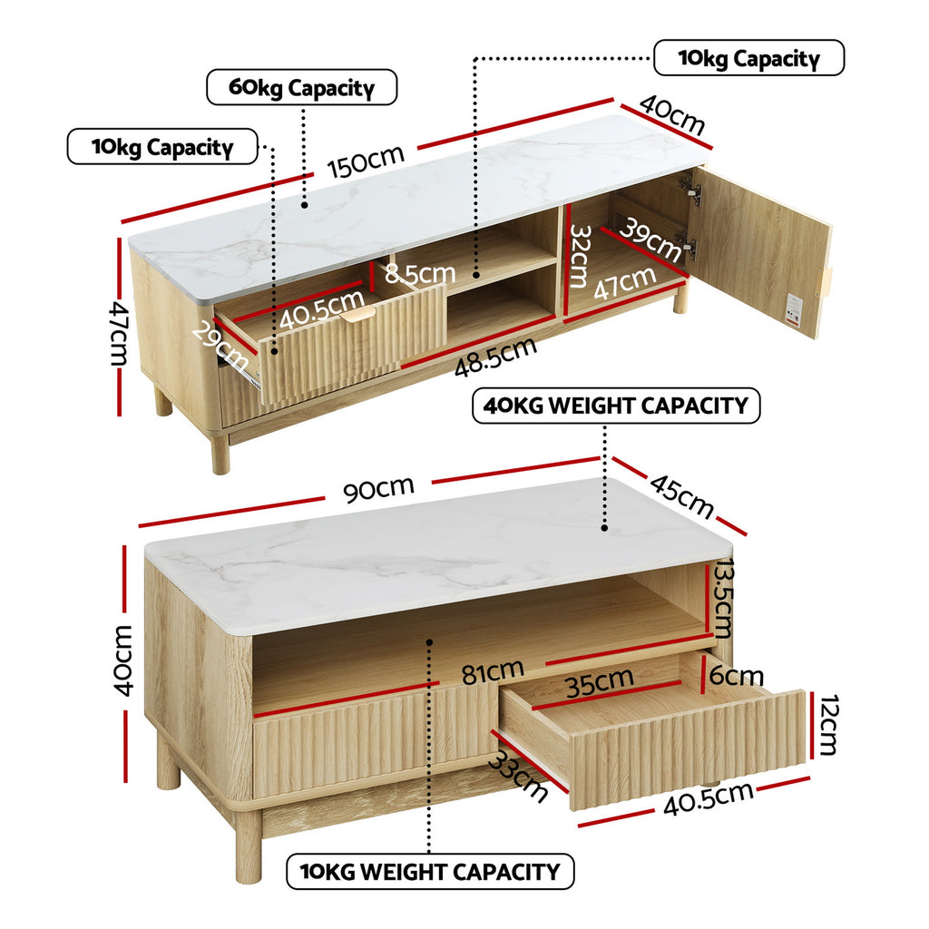 TV Unit & Coffee Table Set Storage Drawers Pine