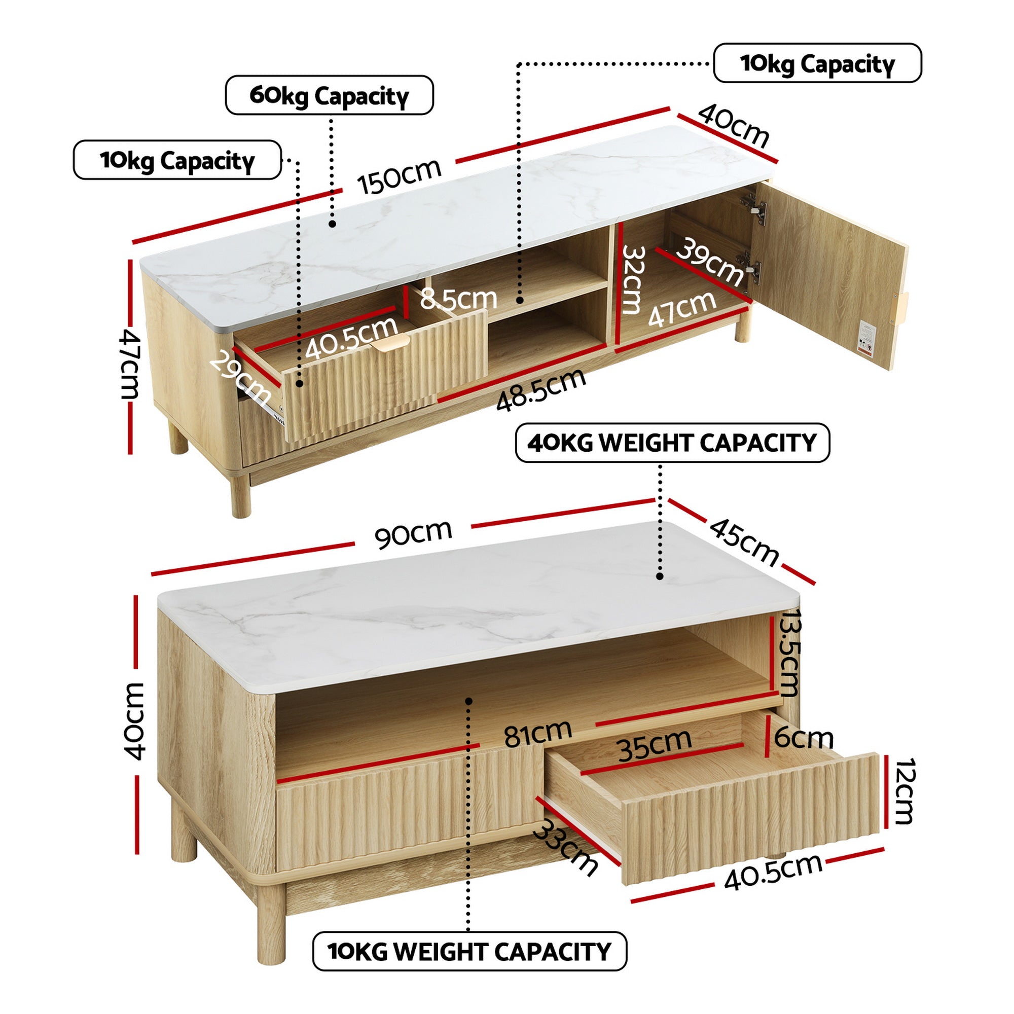 TV Unit & Coffee Table Set Storage Drawers Pine