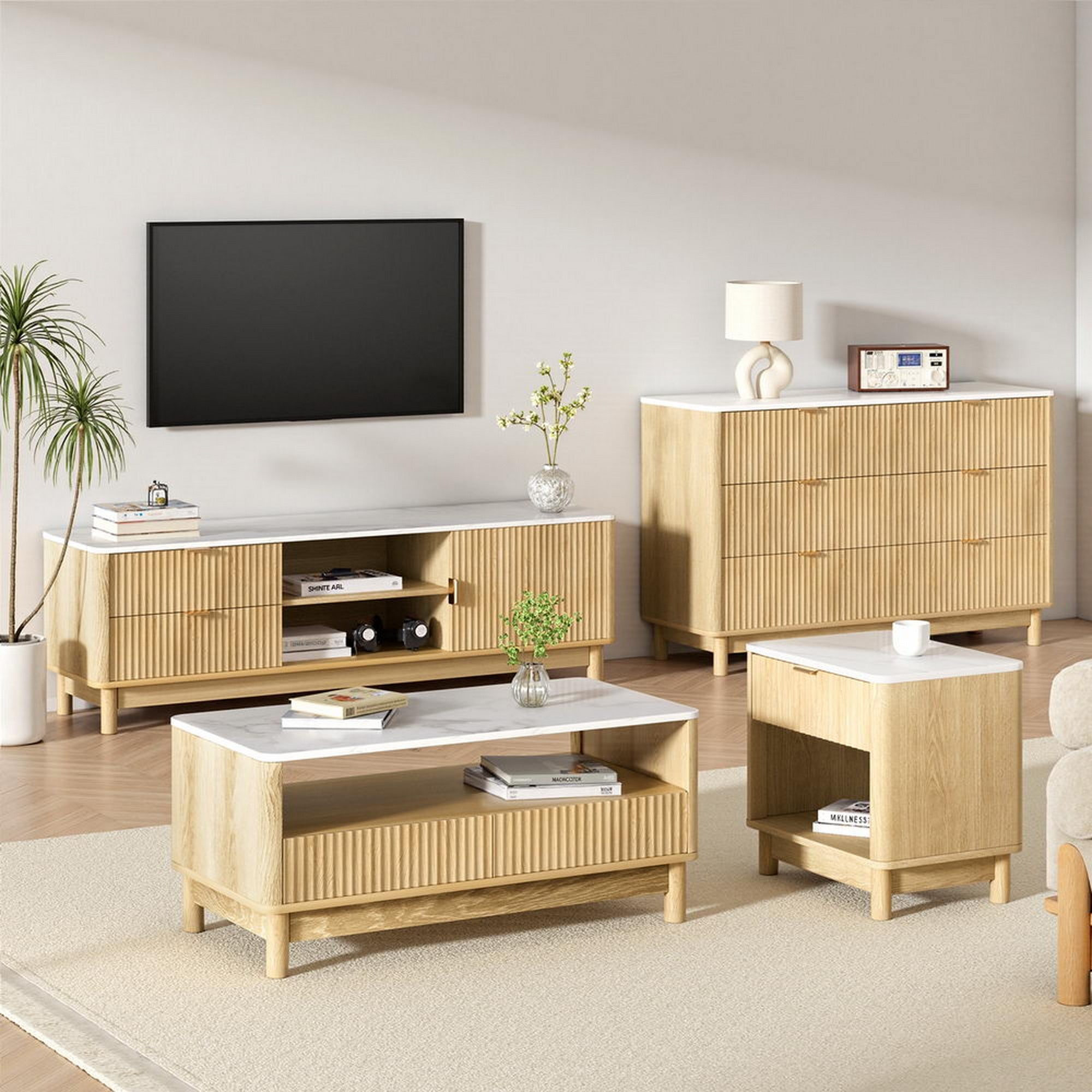 TV Unit & Coffee Table Set Storage Drawers Pine