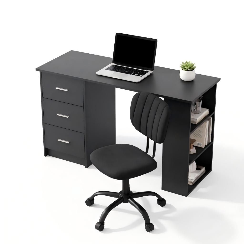 Office Desk & Chair Set 120cm Computer Desk with 3 Drawers & Open Shelves, Ergonomic Armless Office Chair with Wheels, Height Adjustable for Home Office Study