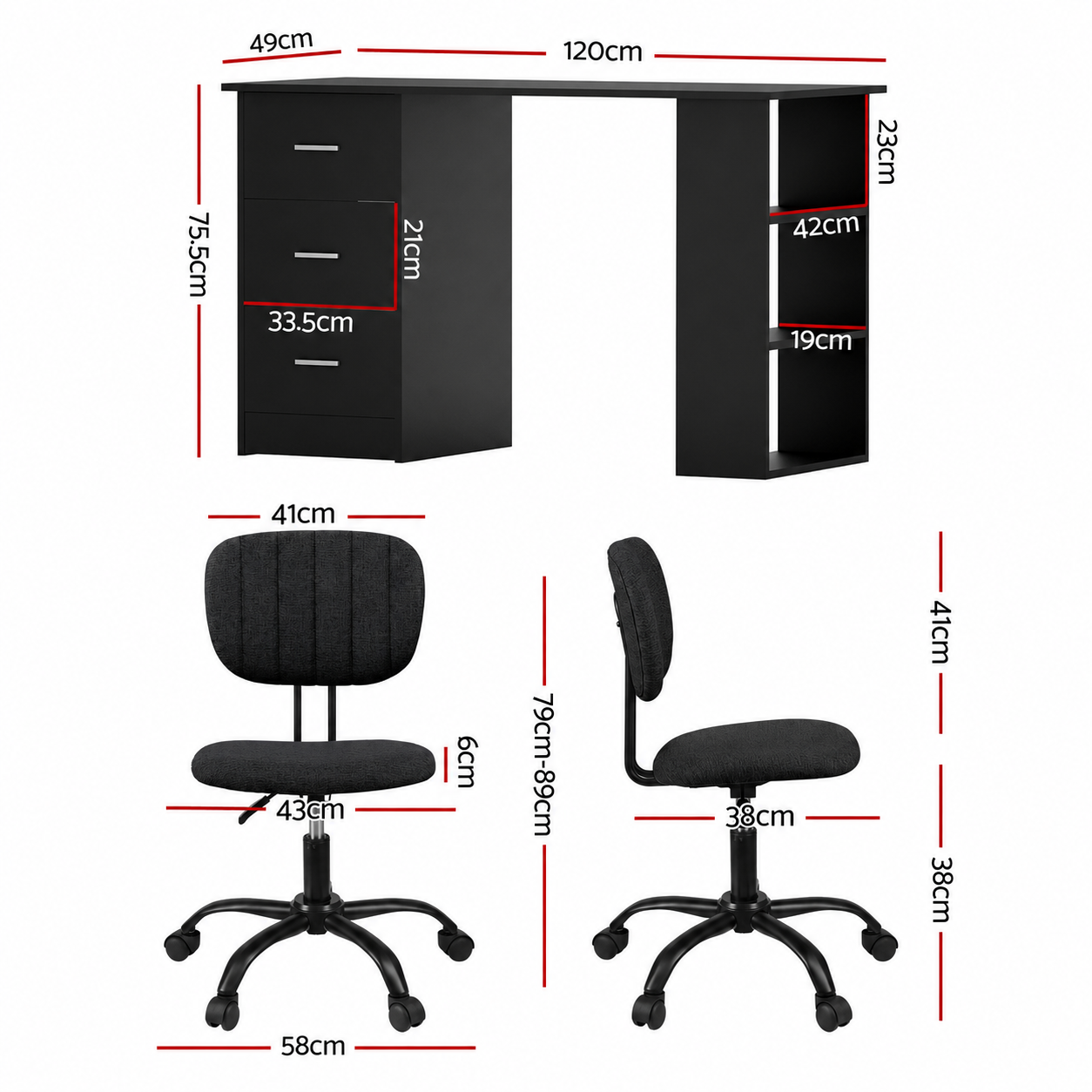Office Desk & Chair Set 120cm Computer Desk with 3 Drawers & Open Shelves, Ergonomic Armless Office Chair with Wheels, Height Adjustable for Home Office Study