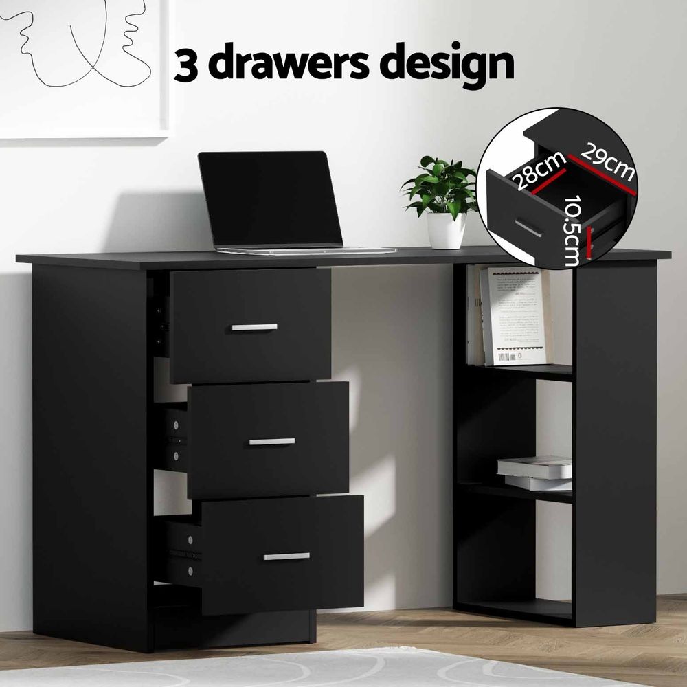 Office Desk & Chair Set 120cm Computer Desk with 3 Drawers & Open Shelves, Ergonomic Armless Office Chair with Wheels, Height Adjustable for Home Office Study