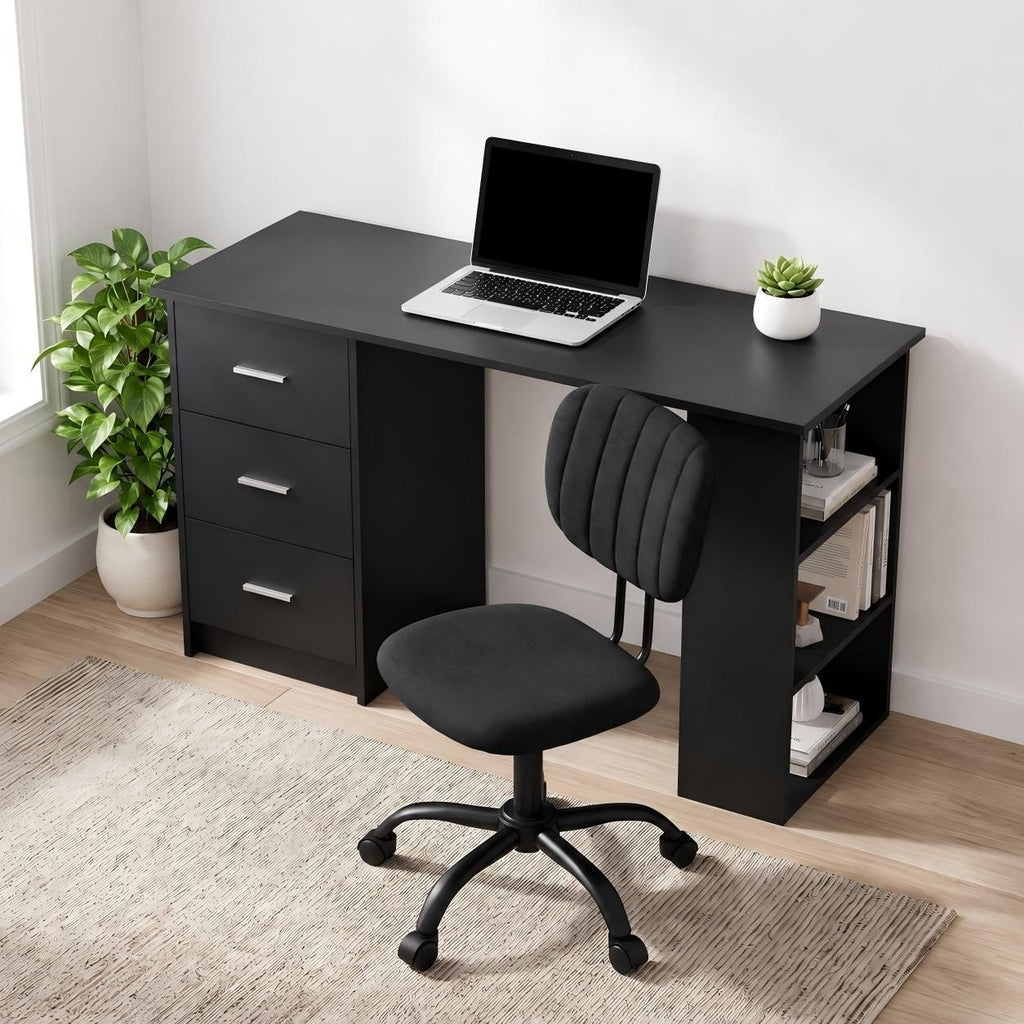 Office Desk & Chair Set 120cm Computer Desk with 3 Drawers & Open Shelves, Ergonomic Armless Office Chair with Wheels, Height Adjustable for Home Office Study