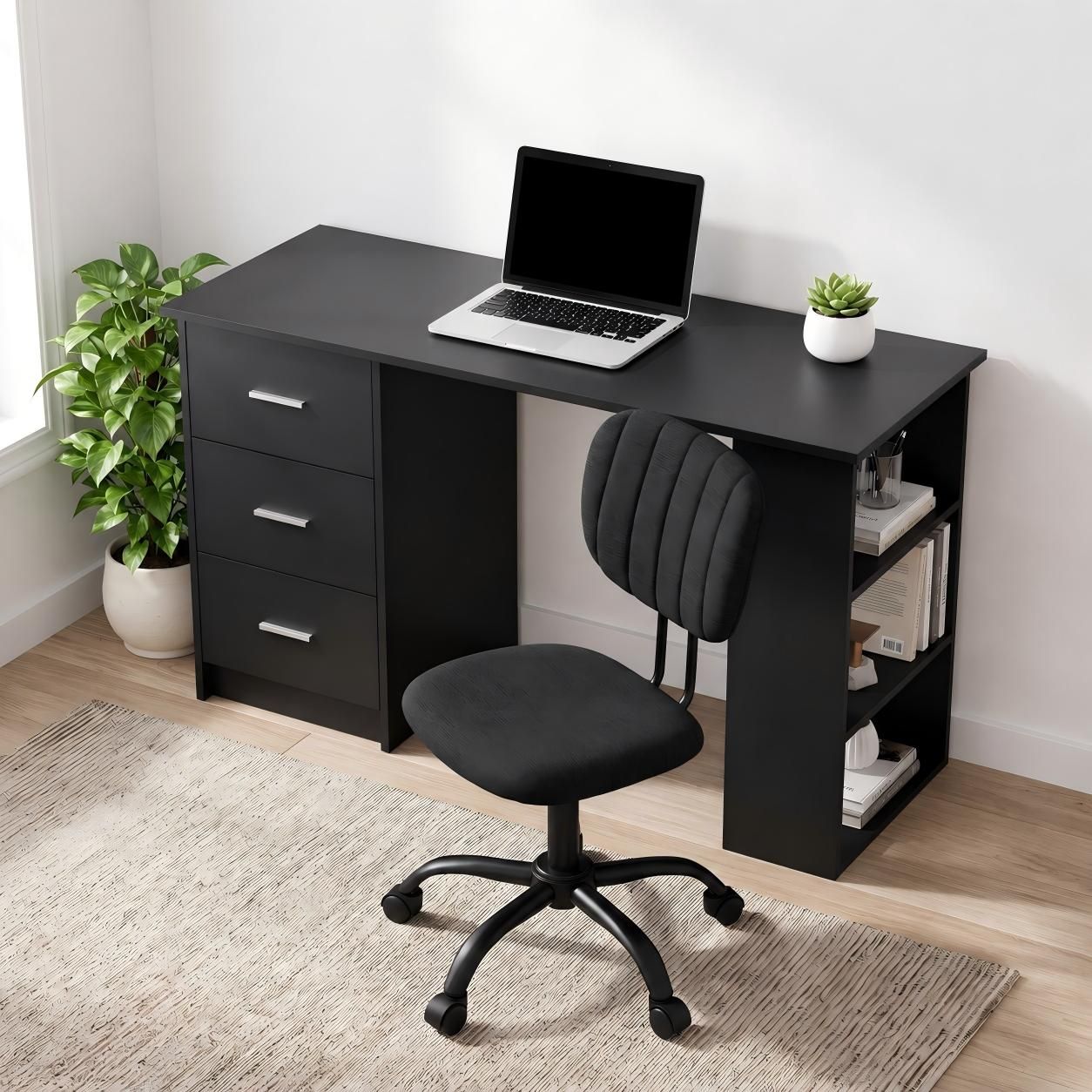 Office Desk & Chair Set 120cm Computer Desk with 3 Drawers & Open Shelves, Ergonomic Armless Office Chair with Wheels, Height Adjustable for Home Office Study