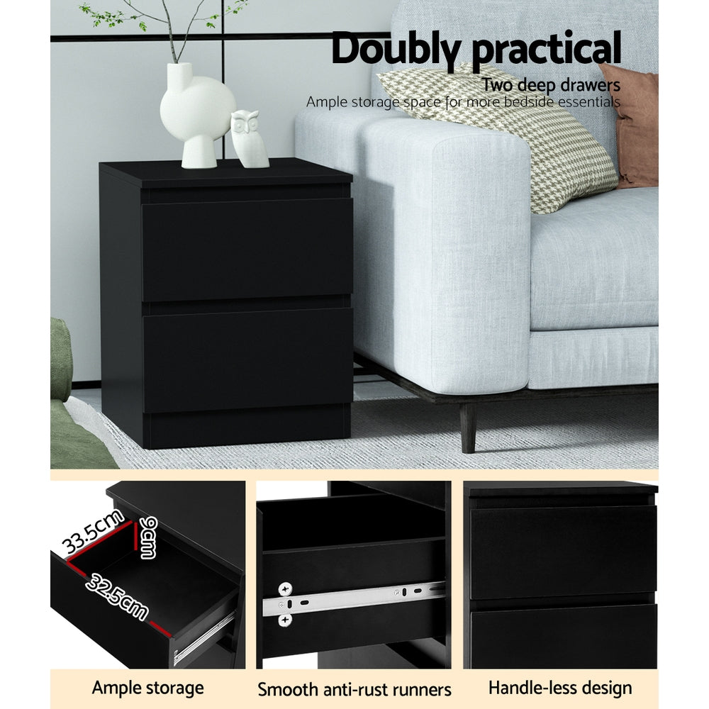 2x Bedside Table 2 Drawers - PEPE Black