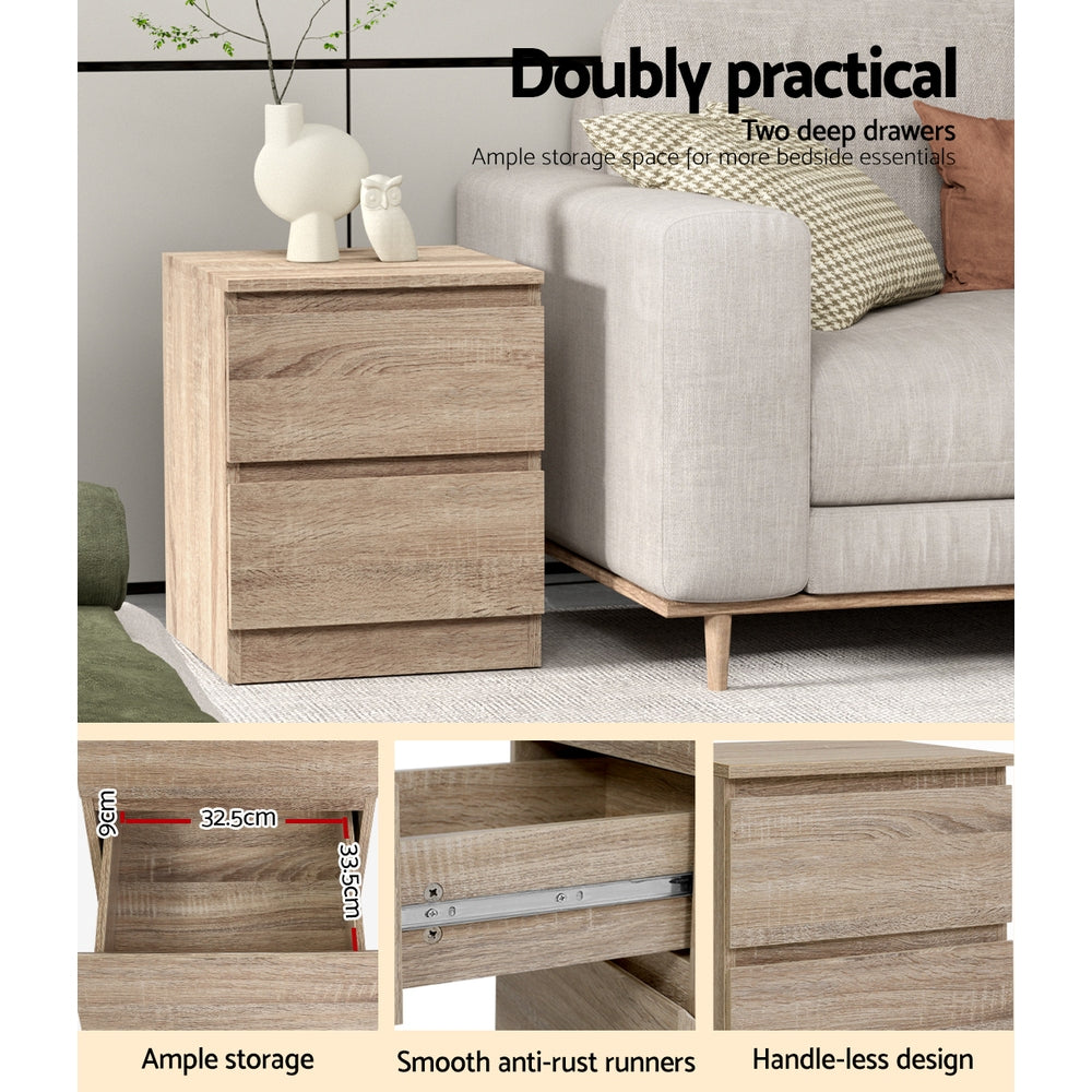 2x Bedside Table 2 Drawers - PEPE Oak