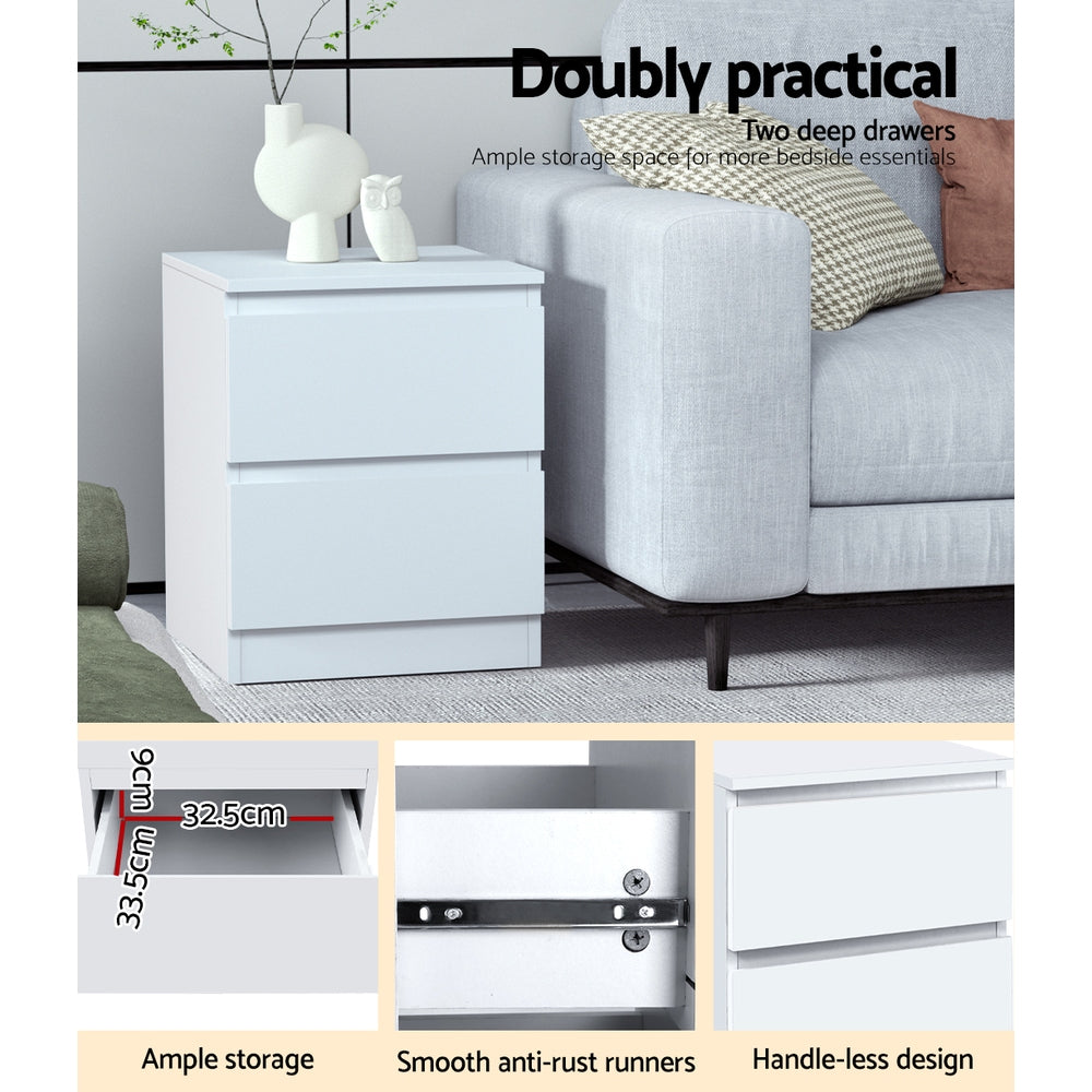 2x Bedside Table 2 Drawers - PEPE White