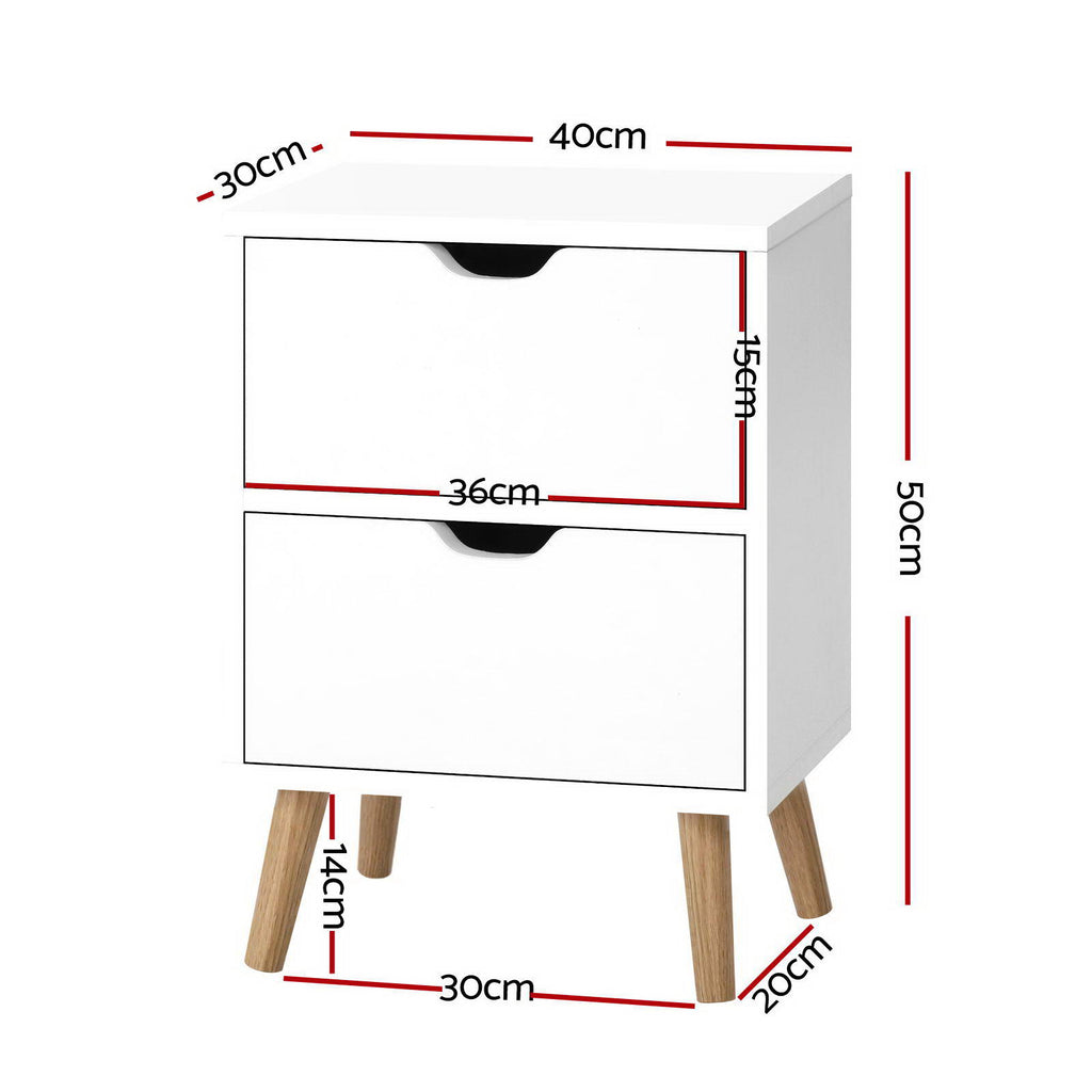 2X Bedside Table 2 Drawers - BODEN White
