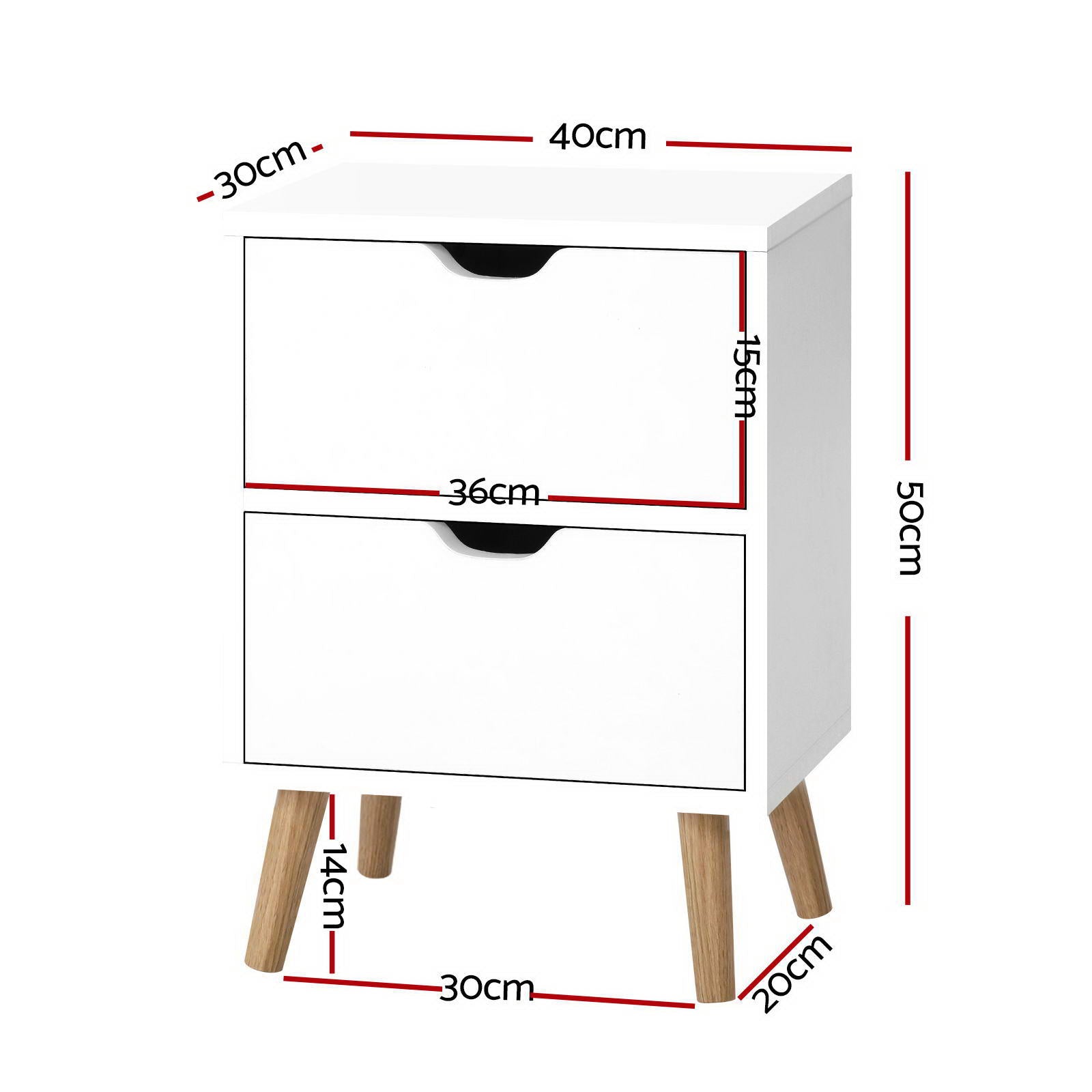 2X Bedside Table 2 Drawers - BODEN White