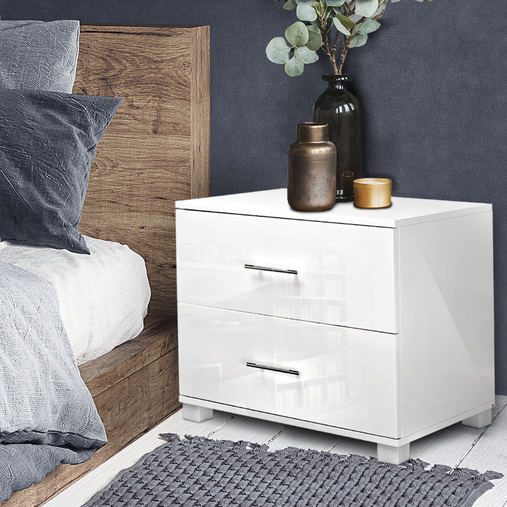 Modern White Bedside Table 2 Drawers High Gloss