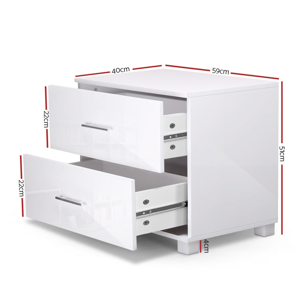 Modern White Bedside Table 2 Drawers High Gloss