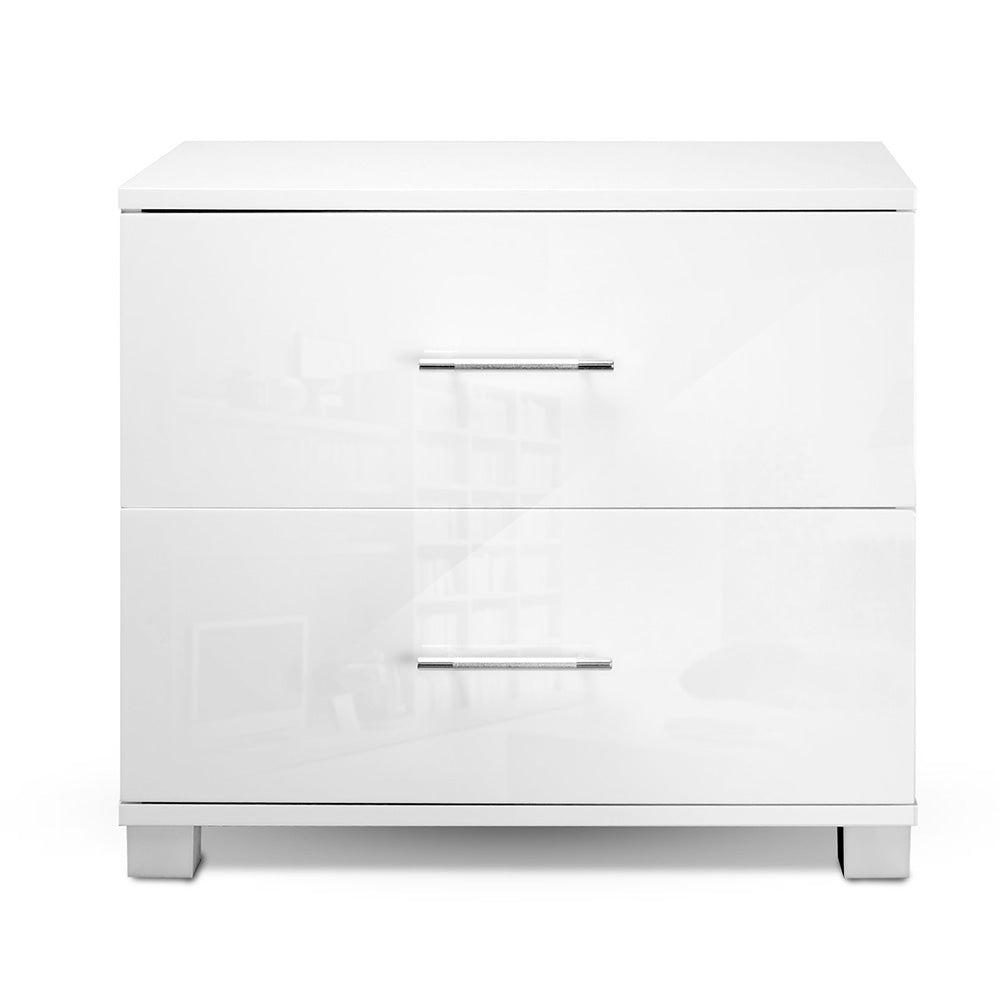 Modern White Bedside Table 2 Drawers High Gloss
