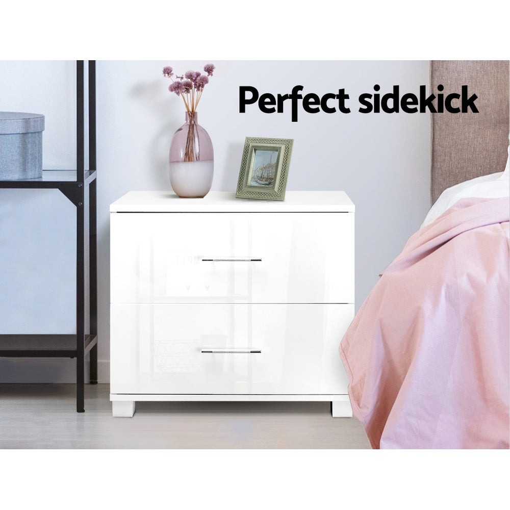 Modern White Bedside Table 2 Drawers High Gloss