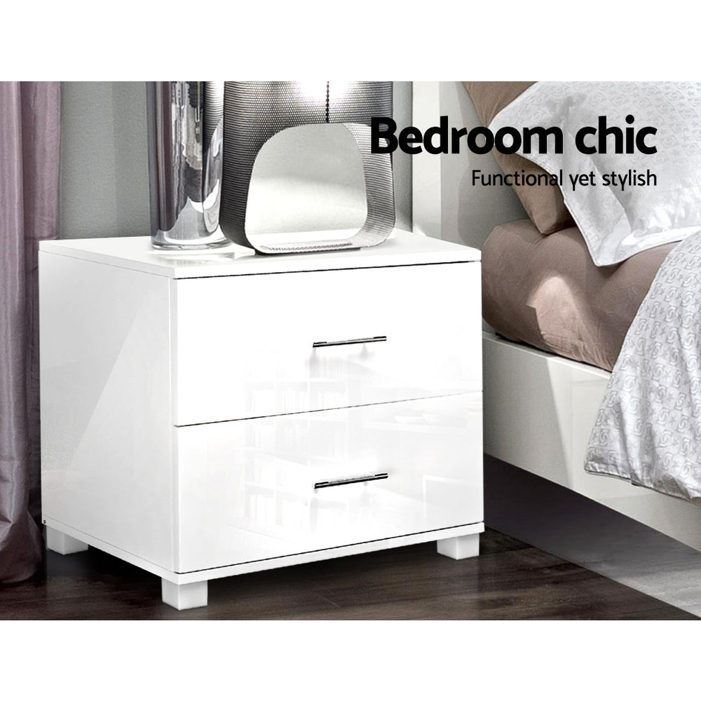 Modern White Bedside Table 2 Drawers High Gloss