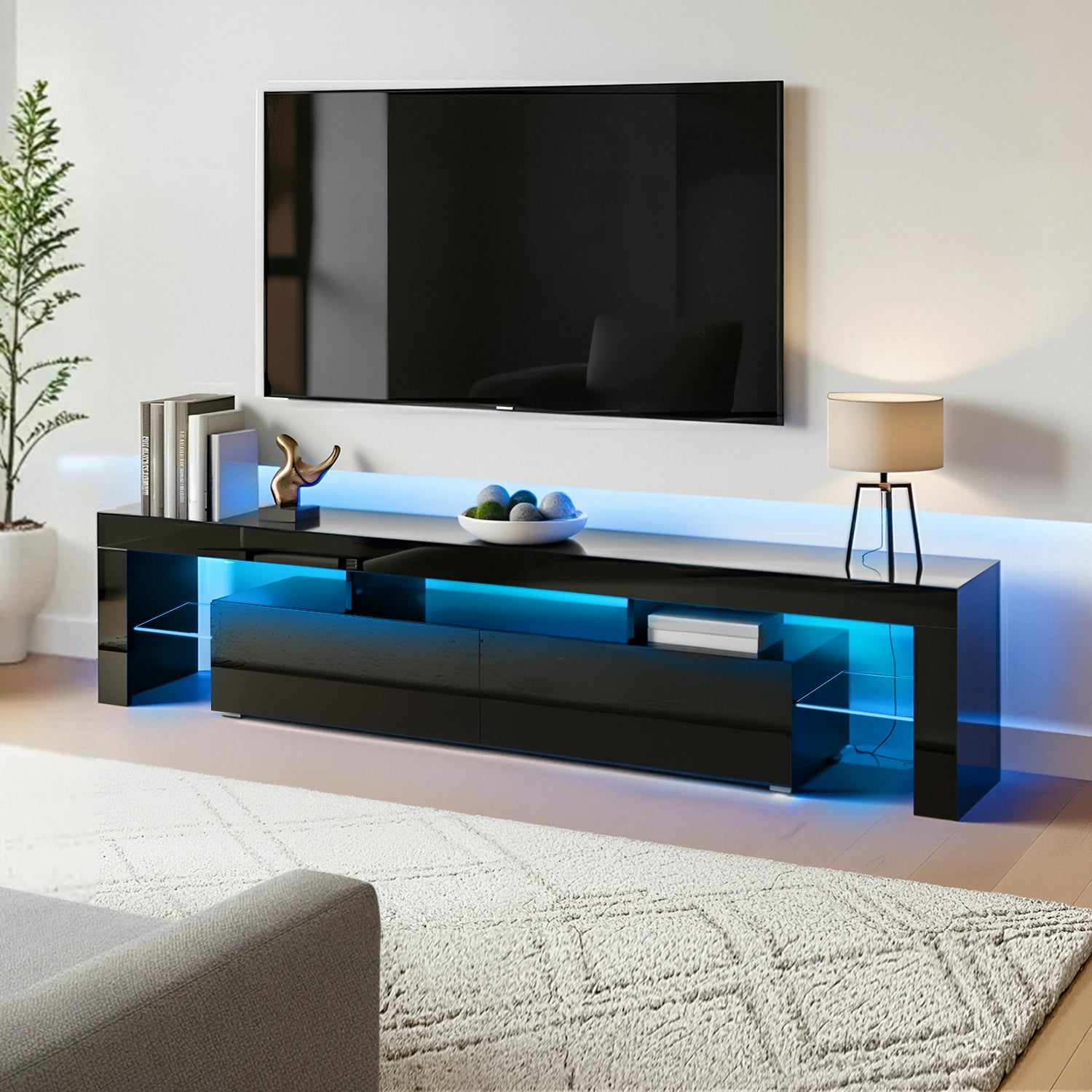 Black TV Unit High Gloss Finish with Drawer – 190cm