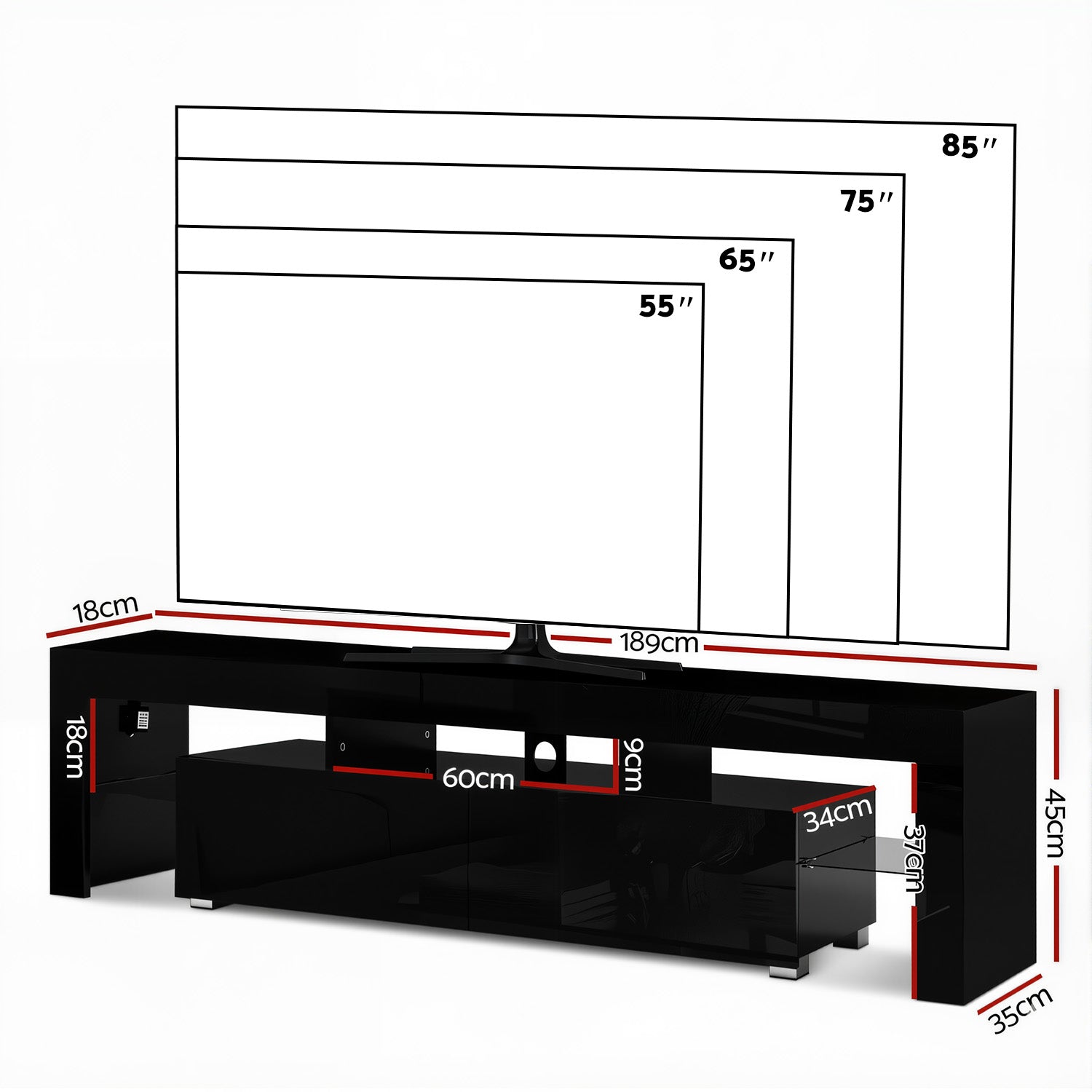 Black TV Unit High Gloss Finish with Drawer – 190cm