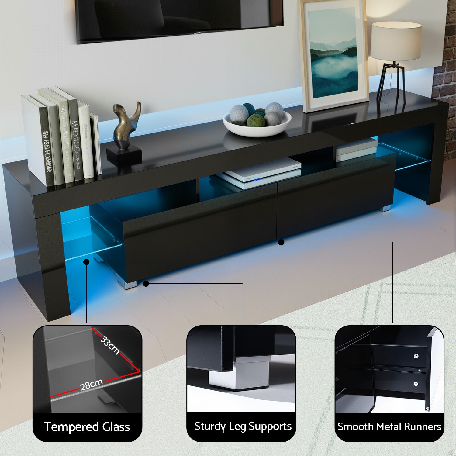 Black TV Unit High Gloss Finish with Drawer – 190cm