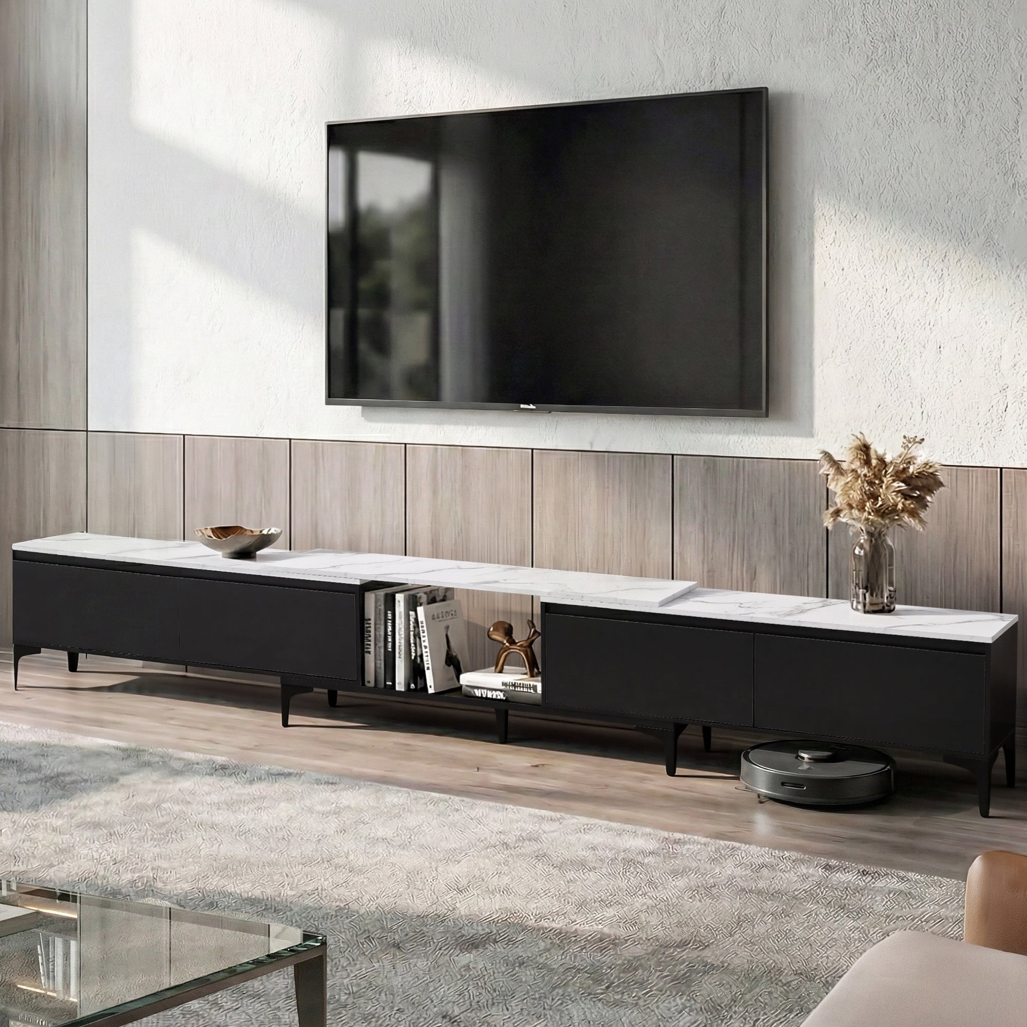 Modern Extendable TV Cabinet Entertainment Unit Stand Marble Effect Top- Black