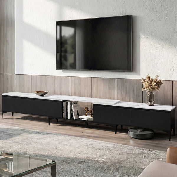 Modern Extendable TV Cabinet Entertainment Unit Stand Marble Effect Top- Black