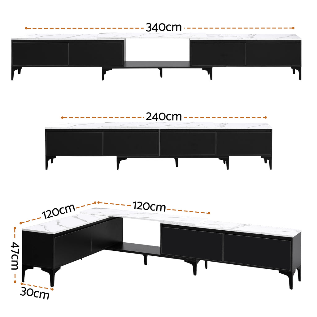 Modern Extendable TV Cabinet Entertainment Unit Stand Marble Effect Top- Black
