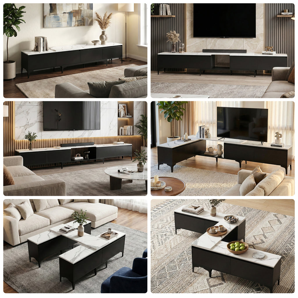 Modern Extendable TV Cabinet Entertainment Unit Stand Marble Effect Top- Black