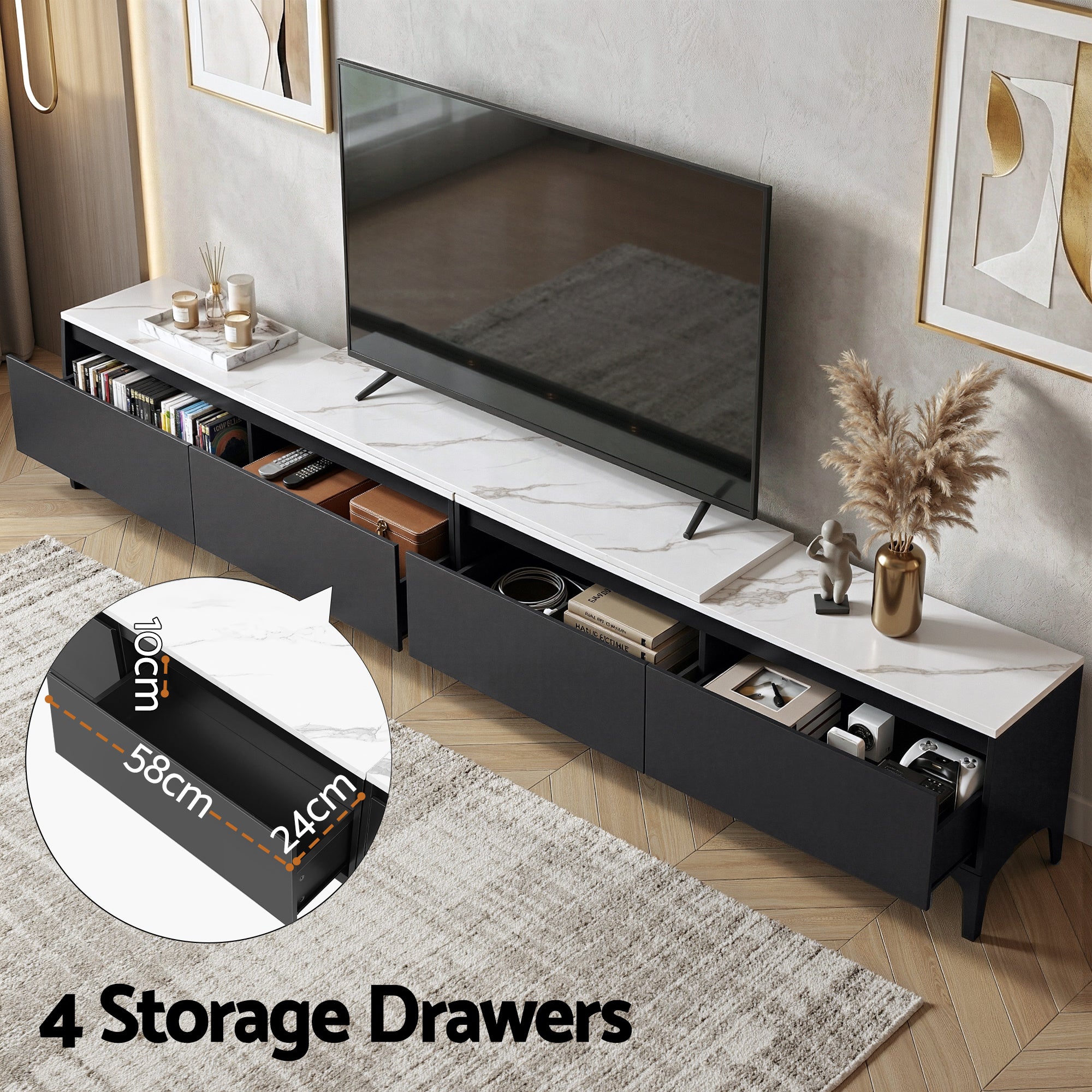 Modern Extendable TV Cabinet Entertainment Unit Stand Marble Effect Top- Black