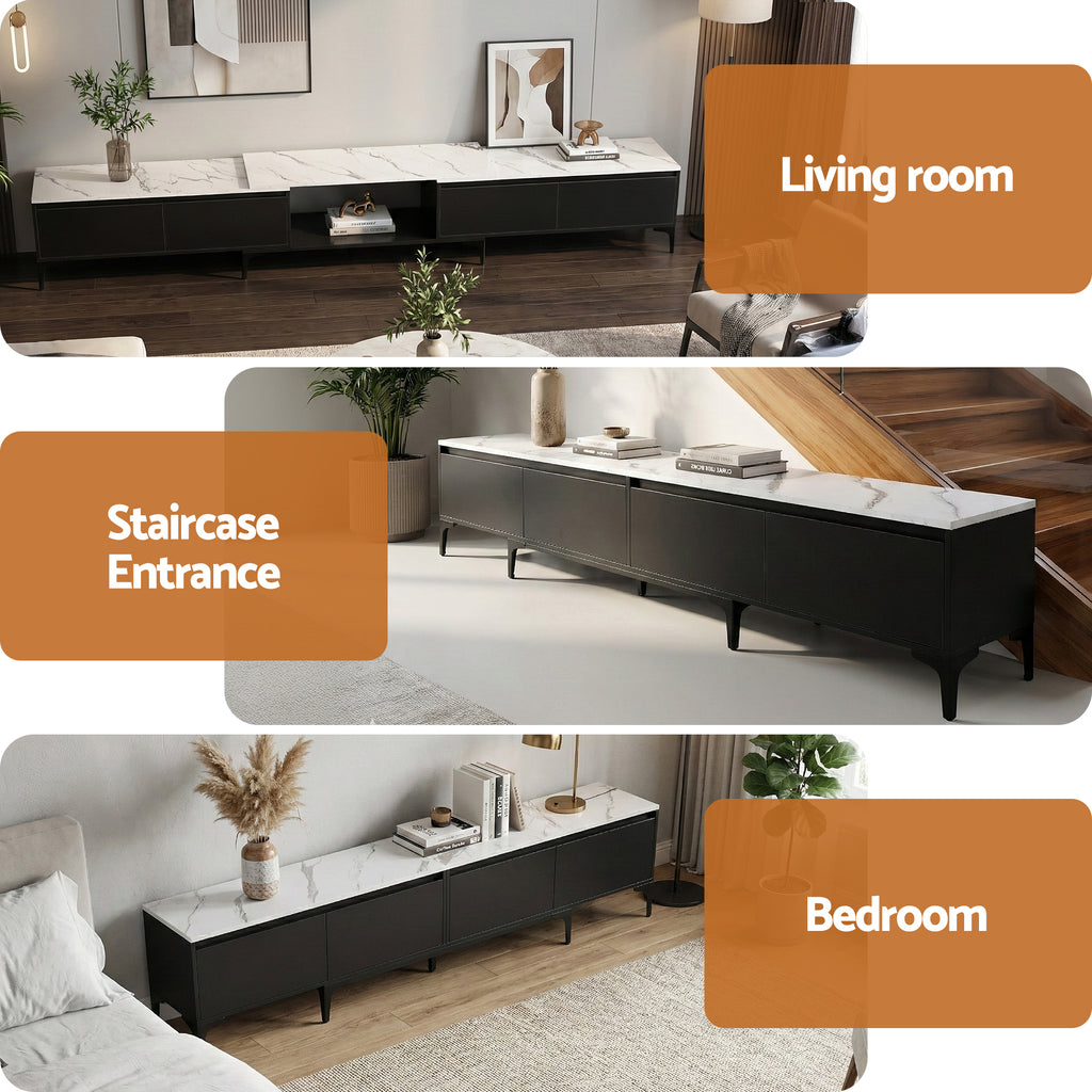 Modern Extendable TV Cabinet Entertainment Unit Stand Marble Effect Top- Black
