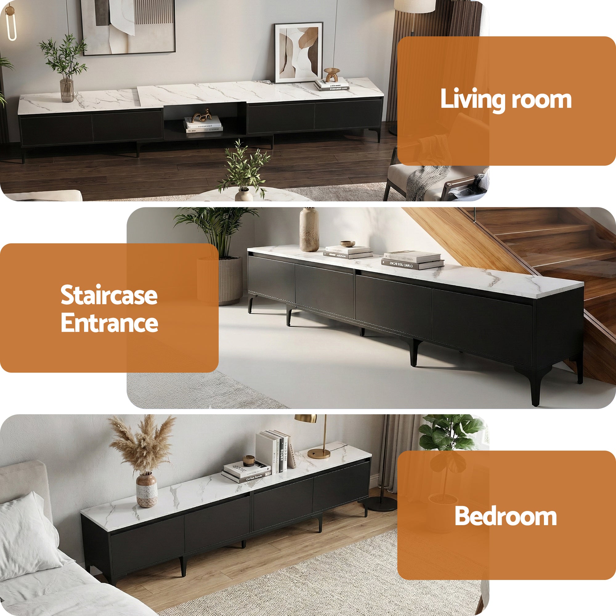 Modern Extendable TV Cabinet Entertainment Unit Stand Marble Effect Top- Black