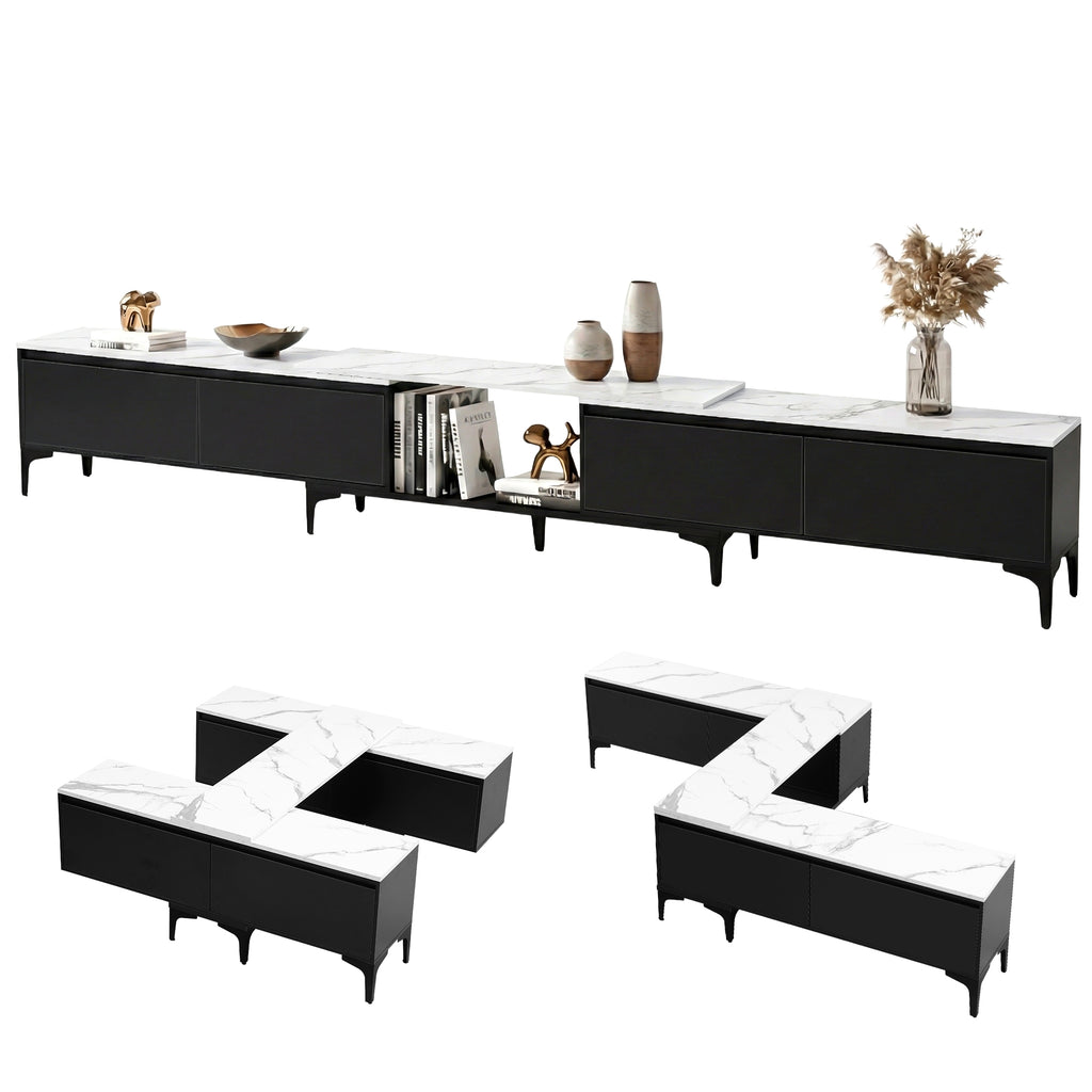 Modern Extendable TV Cabinet Entertainment Unit Stand Marble Effect Top- Black